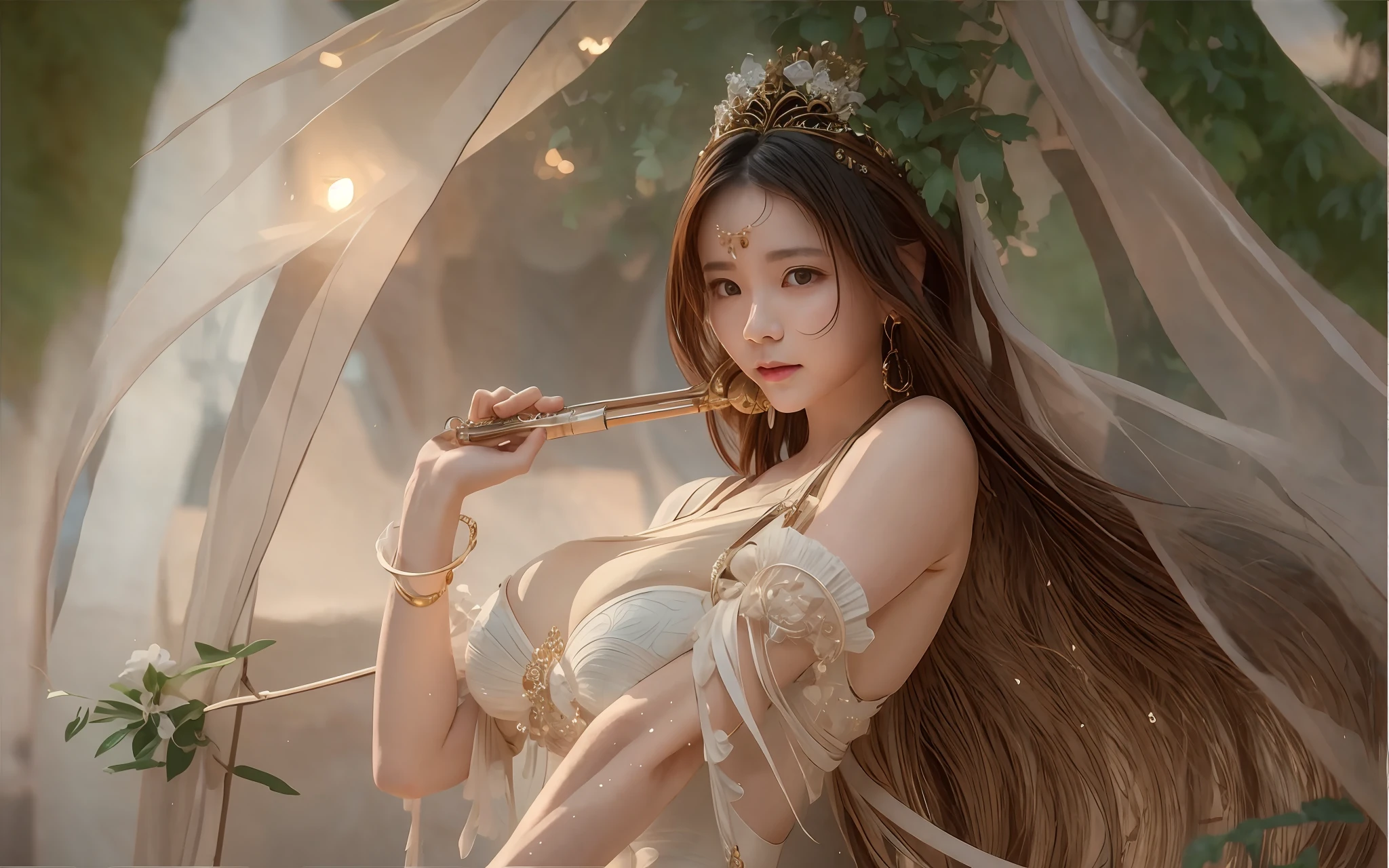 there is a woman in a white dress posing with a flute, trending on cgstation, guweiz, artwork in the style of guweiz, japanese goddess, wlop and sakimichan, a beautiful fantasy empress, cinematic. by leng jun, by Yang J, wlop and ross tran, by Victor Wang, chengwei pan on artstation