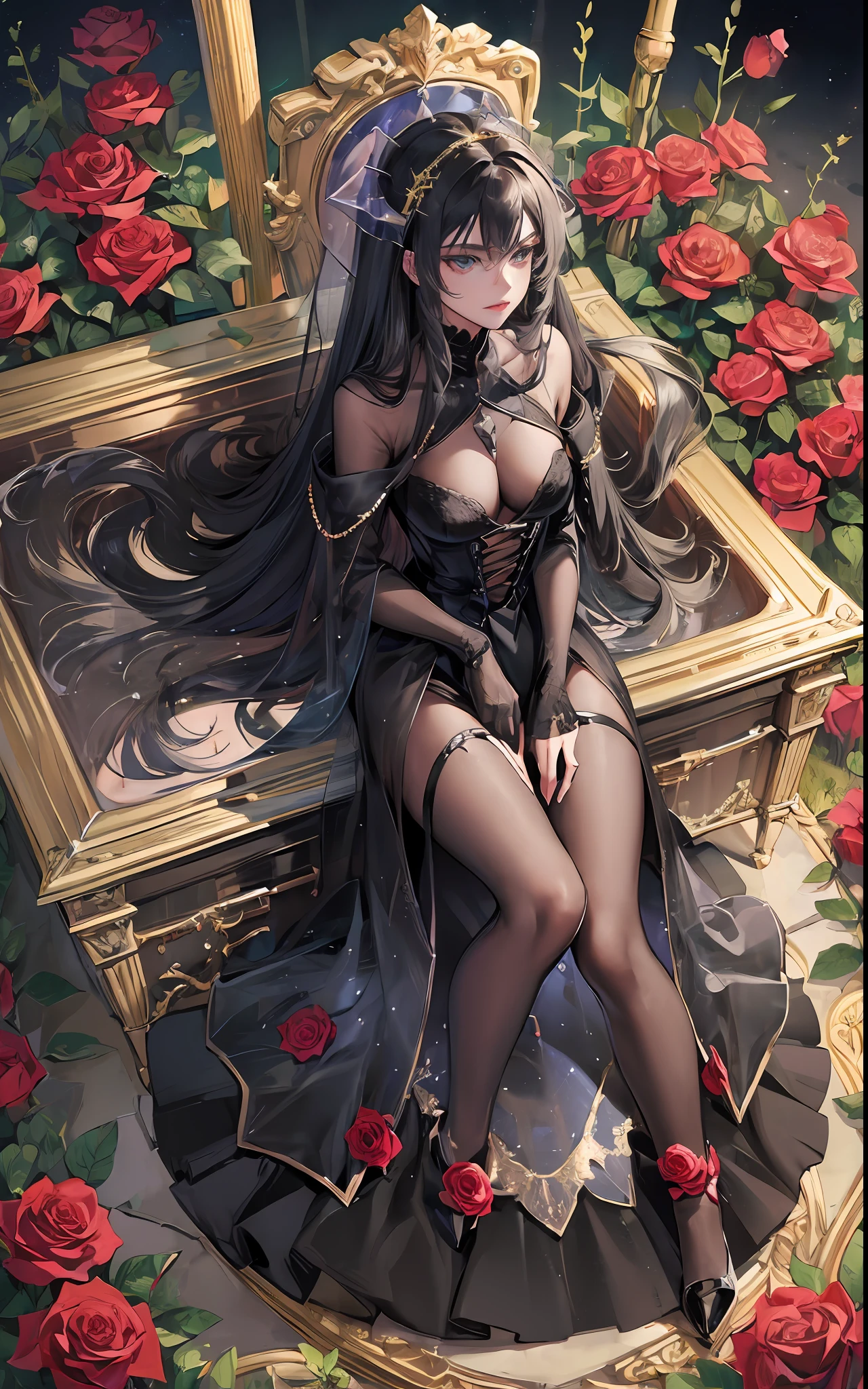 (((transparent vampire coffin with closed lid))) , (long coffin), girl locked in the coffin, seabed in the background, ((crystal)), gold cross, golden details, roses inside the coffin, rose thorns, ocean in the background, moonlight, coffin submerged in the sea, closed coffin with glass walls, closed lid, (((sarcophagus))), 1girl, adult woman, black hair, long hair, blue eyes, black victorian dress, flowing elegant dress, inside a coffin made of glass, full body inside coffin