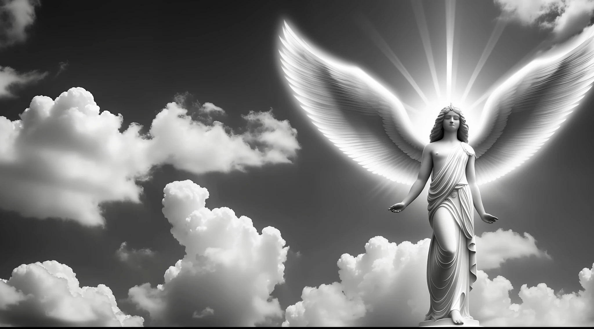 A heavenly angel appearing in the midst of clouds, with wings broad and bright, radiating a soft and divine light. The angel is standing in a majestic position, with a serene countenance and an aura of peace around him. The image is blurry and black and white, conveying a sense of mystery and transcendence.