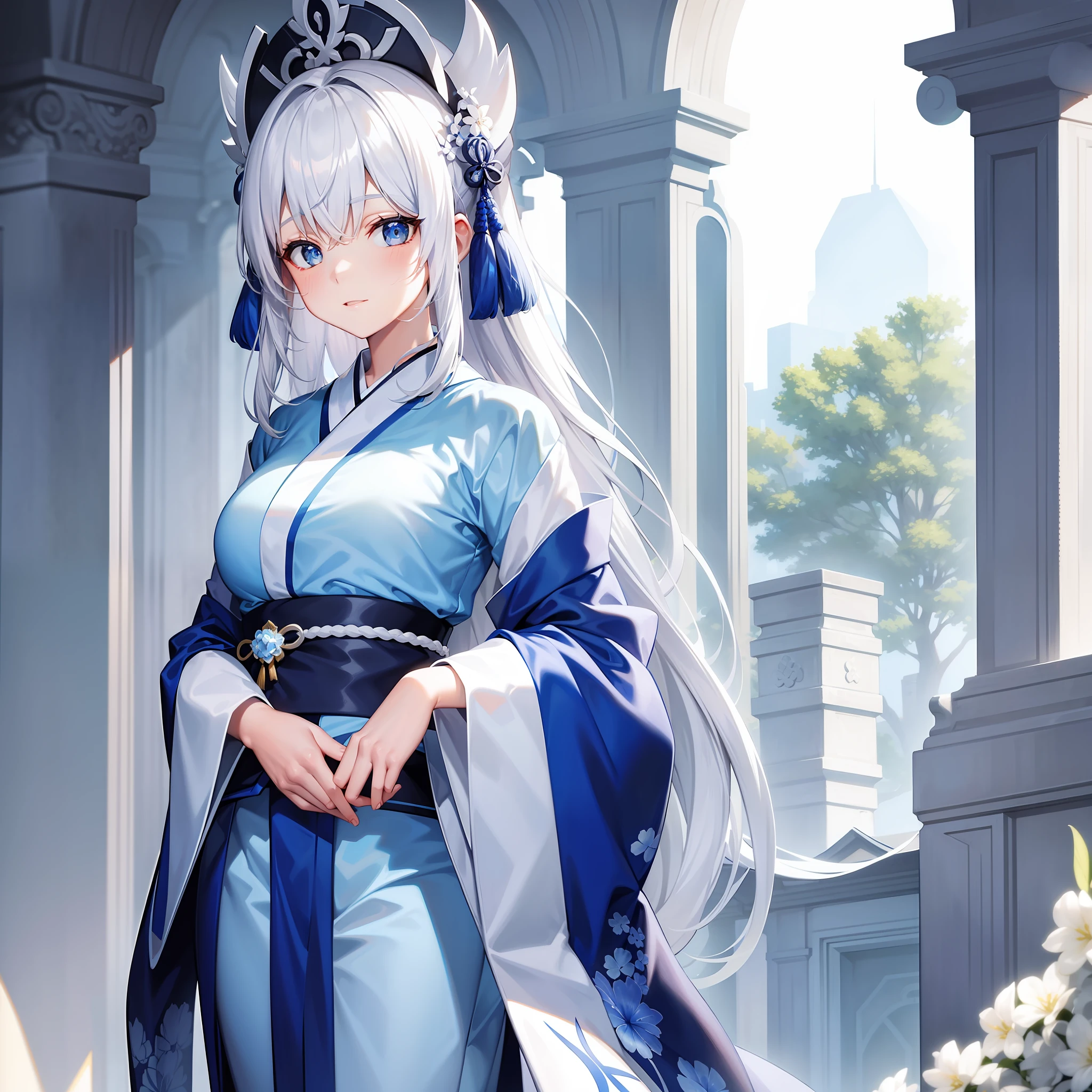 White hair, blue kimono, beautiful girl, beautiful big