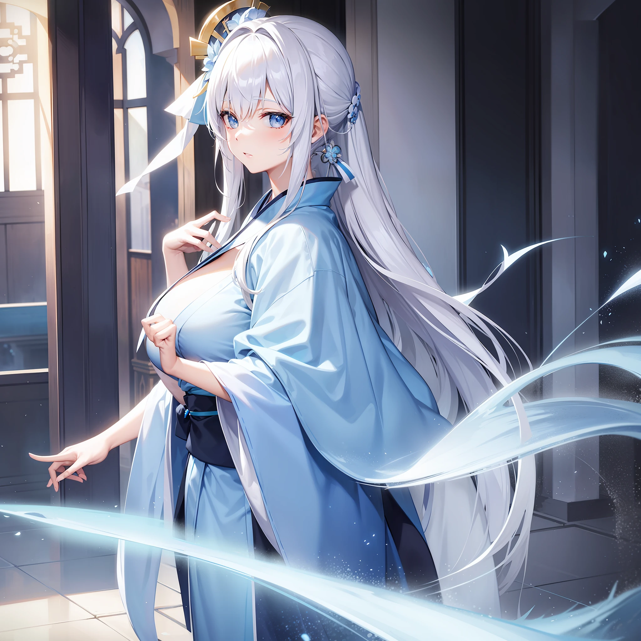 White hair, blue kimono, beautiful girl, beautiful big