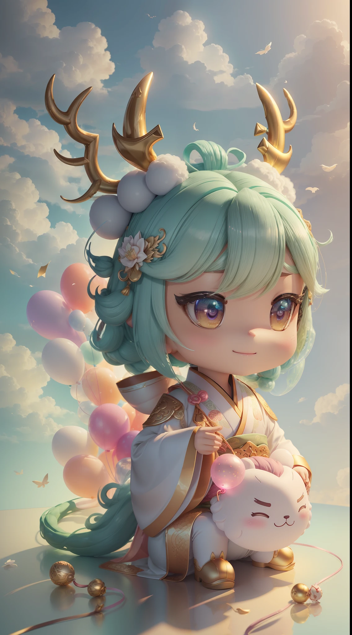 Snake, big ears, happy smile, (wearing Hanfu) dragon head, antlers, soft ((best quality)), ((masterpiece)), (hair accessory)( extreme detail, highest detail, official art, beauty and aesthetics:1.2), depth of field, composition ( (full body) ), (chibi), (beautiful and detailed eyes: 1.3), (very happy:1) (light mint green and gradient white), popmart blind box, clay texture, (transparent balloon, cloud decorative background), natural light, best quality, Super Detail, 3D Art, C4D, Blender, OC Renderer, 3D Rendering, 8K --auto --s2