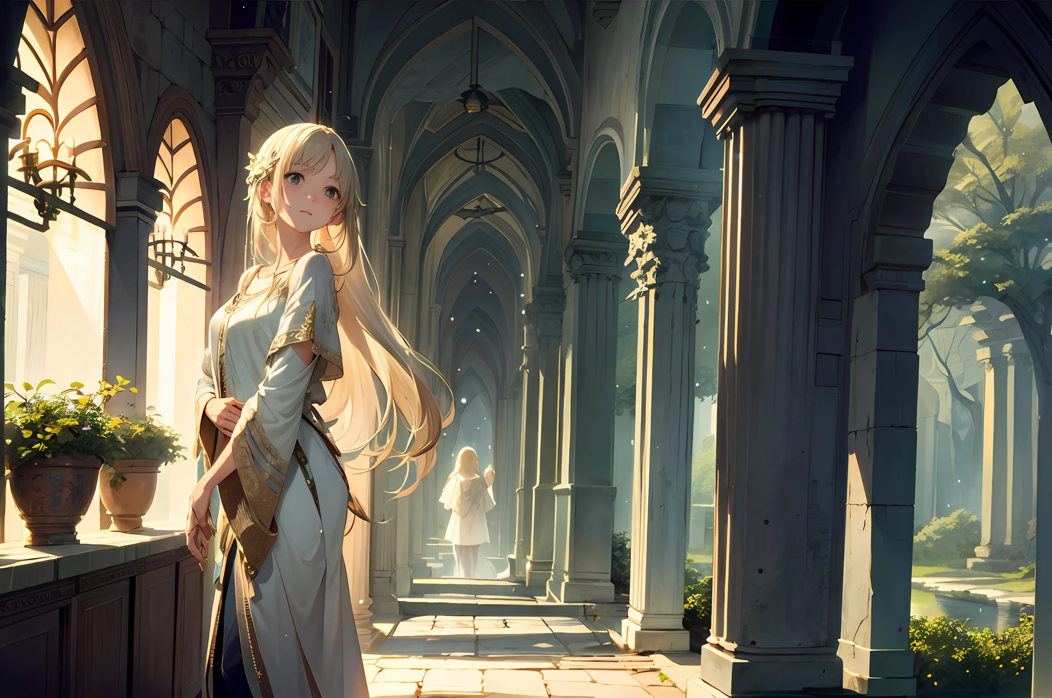 High resolution, (official art, aesthetics:1.2), light rain, girl, tunic, antique style, gaze, awe-inspiring expression, natural beauty, inspiration, light effects,