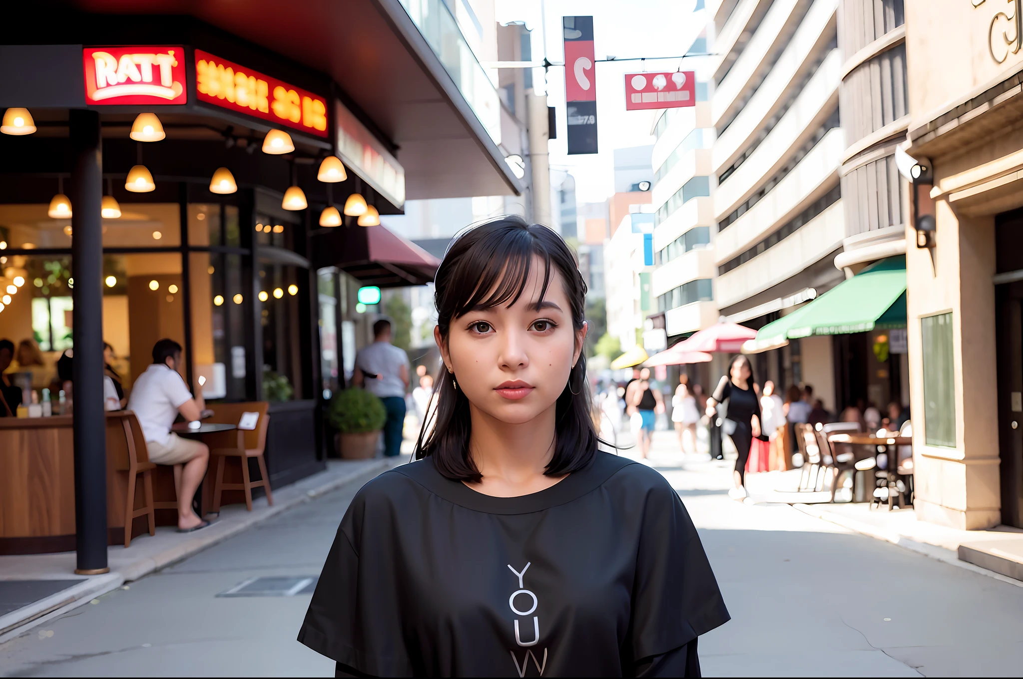 best quality, ultra high res,(idol), (photorealistic:1.4), 1girl,(Off-shoulder cropped blouse, slacks,black wavy hair),at cafe