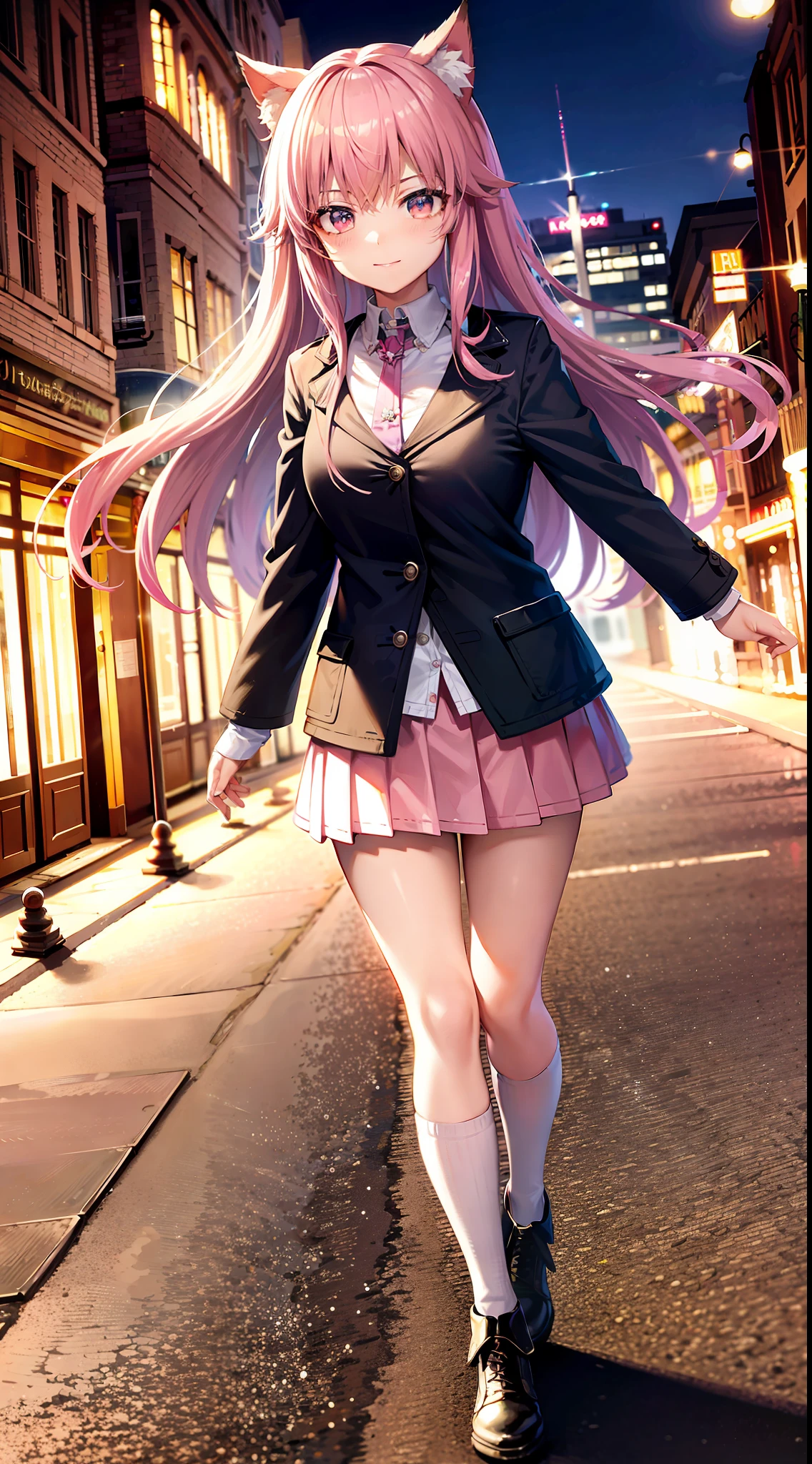 (8k, RAW photo, high sensitivity, best quality, masterpiece, super high resolution, photorealistic: 1.25), full body, dog ears, (night), walking, city lights, ((pink hair)), high school girl, detailed eyes, pink cute uniform! 9 life, smile, deep landscape, light effect, grain of light, reflection, downtown, light up,