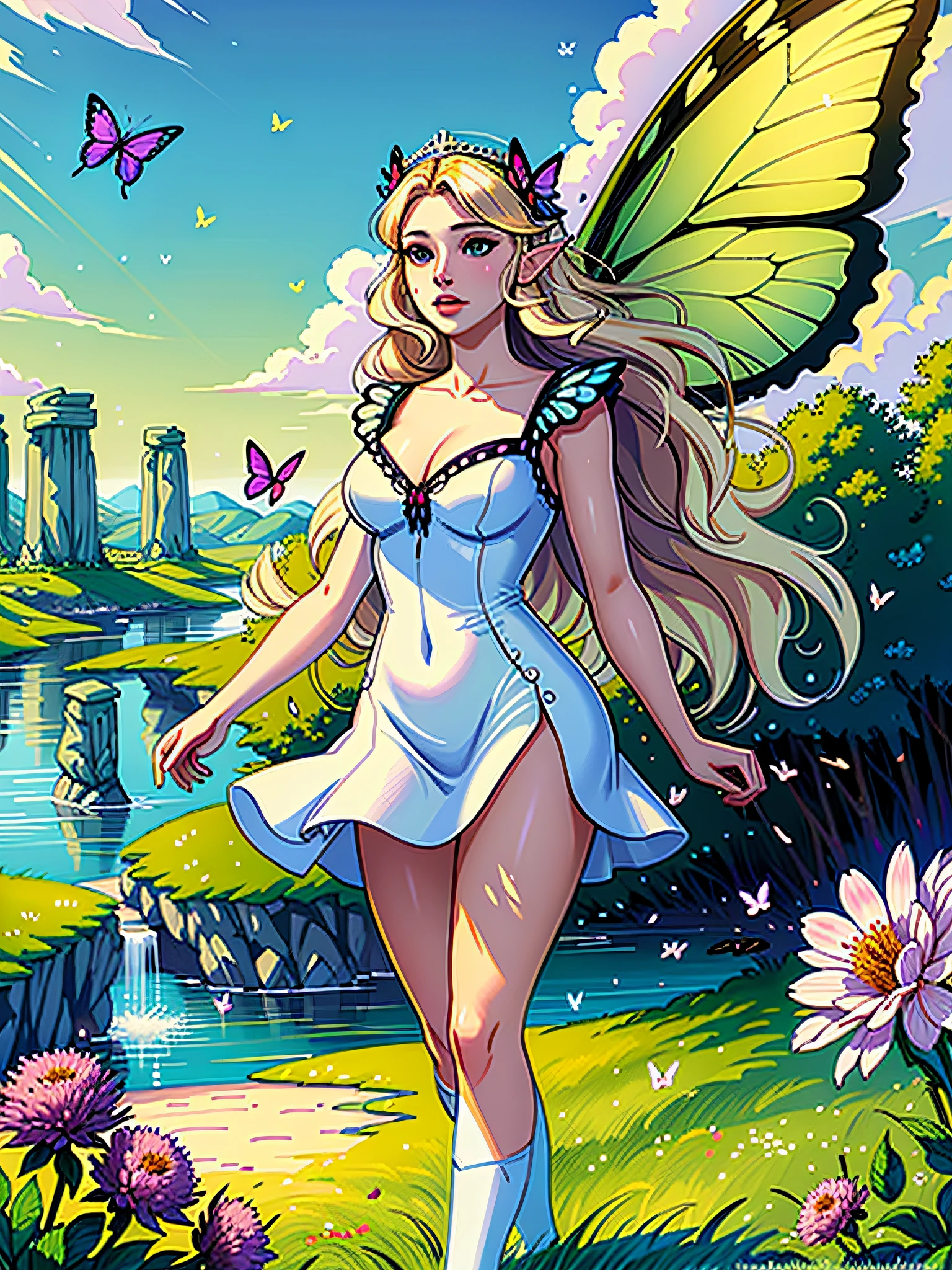 A close up of a woman in a white dress with a butterfly on her shoulder ...