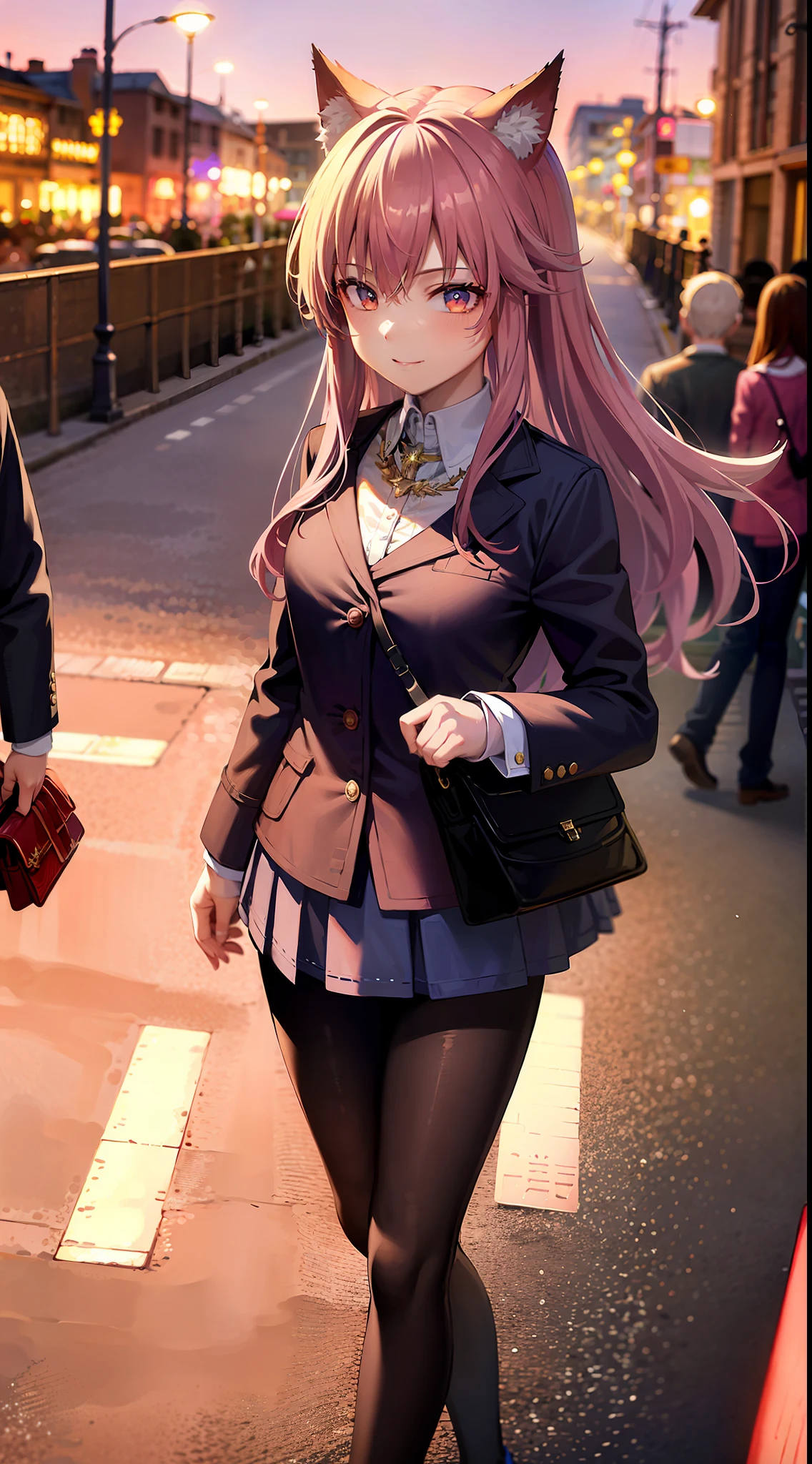 (8k, RAW photo, high sensitivity, best quality, masterpiece, super high resolution, photorealistic: 1.25), full body, dog ears, (night), walking, city lights, ((pink hair)), high school girl, detailed eyes, pink cute uniform! 9 life, smile, deep landscape, light effect, grain of light, reflection, downtown, light up,