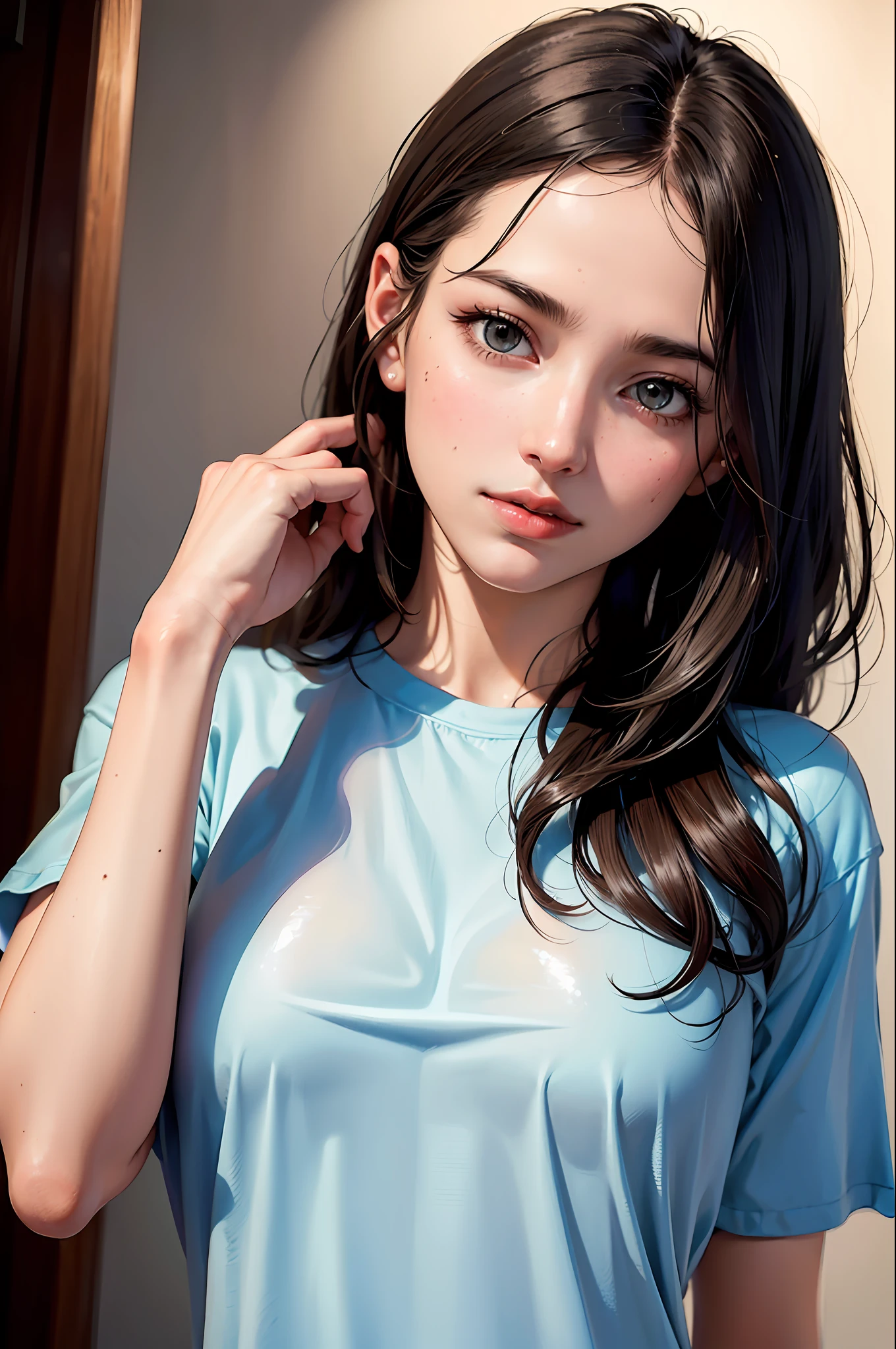 Attire, (Photo Photofidelity: 1.4), (Ultra-Realistic: 1.4), (Realistic: 1.3), (Smoother lighting: 1.05), (Increase movie lighting quality: 0.9), 32K, 1 girl, 20yo Realistic lighting for girls, sexy, big bust backlight, light on face, ray tracing, (brightened light: 1.2), (improved quality: 1.4), (best quality real textured skin), fine and detailed eyes, fine and detailed face, (tired sleepy and satisfied: 0.0), Face close-up, T-shirt, (increase body line mood: 1.1), shiny skin--