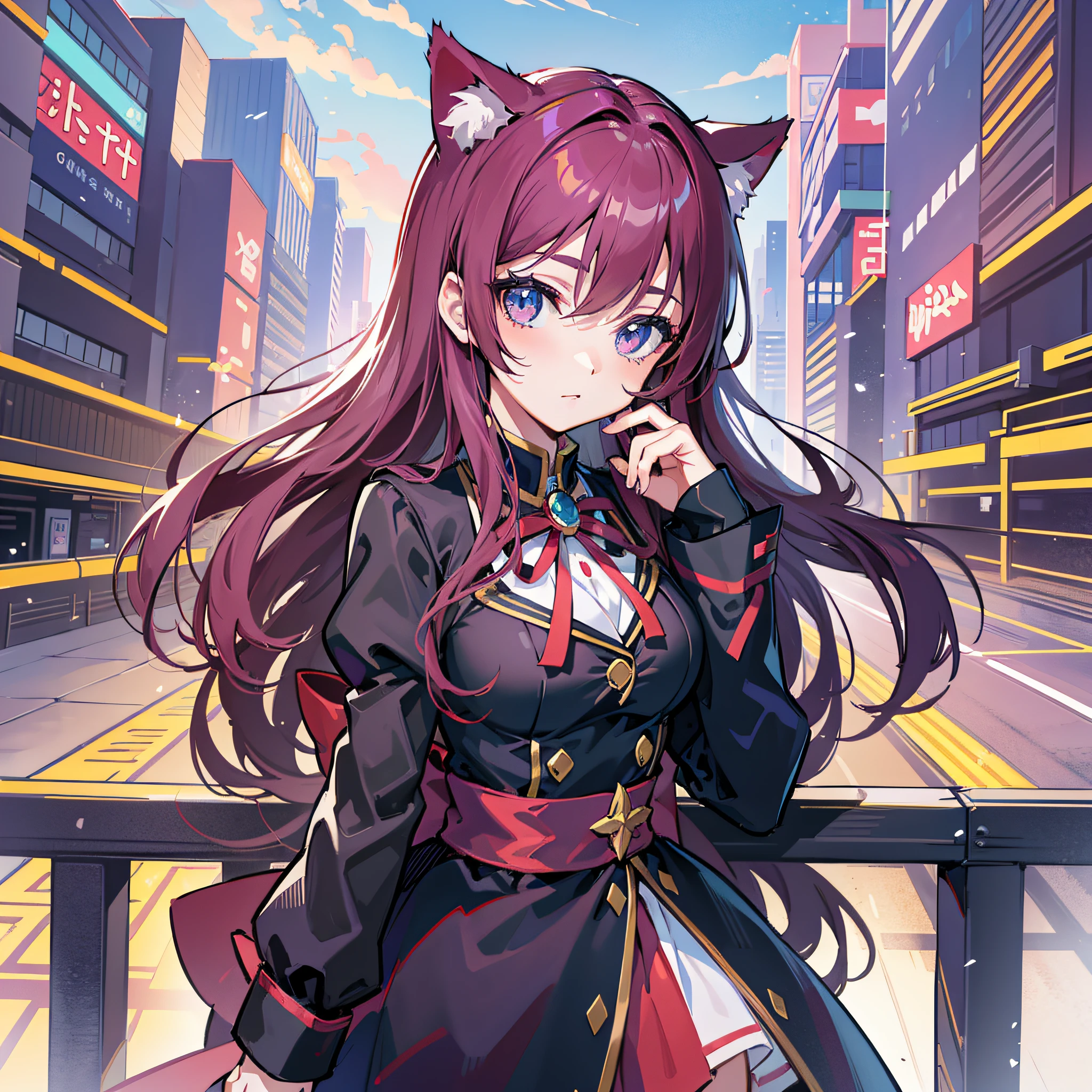 ((Best Quality, 8K)) Anime girl with long hair and cat ears standing in front of the city, Rin Tosaka, anime moe art style, anime style like Fate/stay night, anime girl with long hair, very cute anime girl face, nightcore, from the front line of girls, cute anime girl portrait, anime girl with cat ears, High quality anime art style, "beautiful anime woman", red little ribbon on head