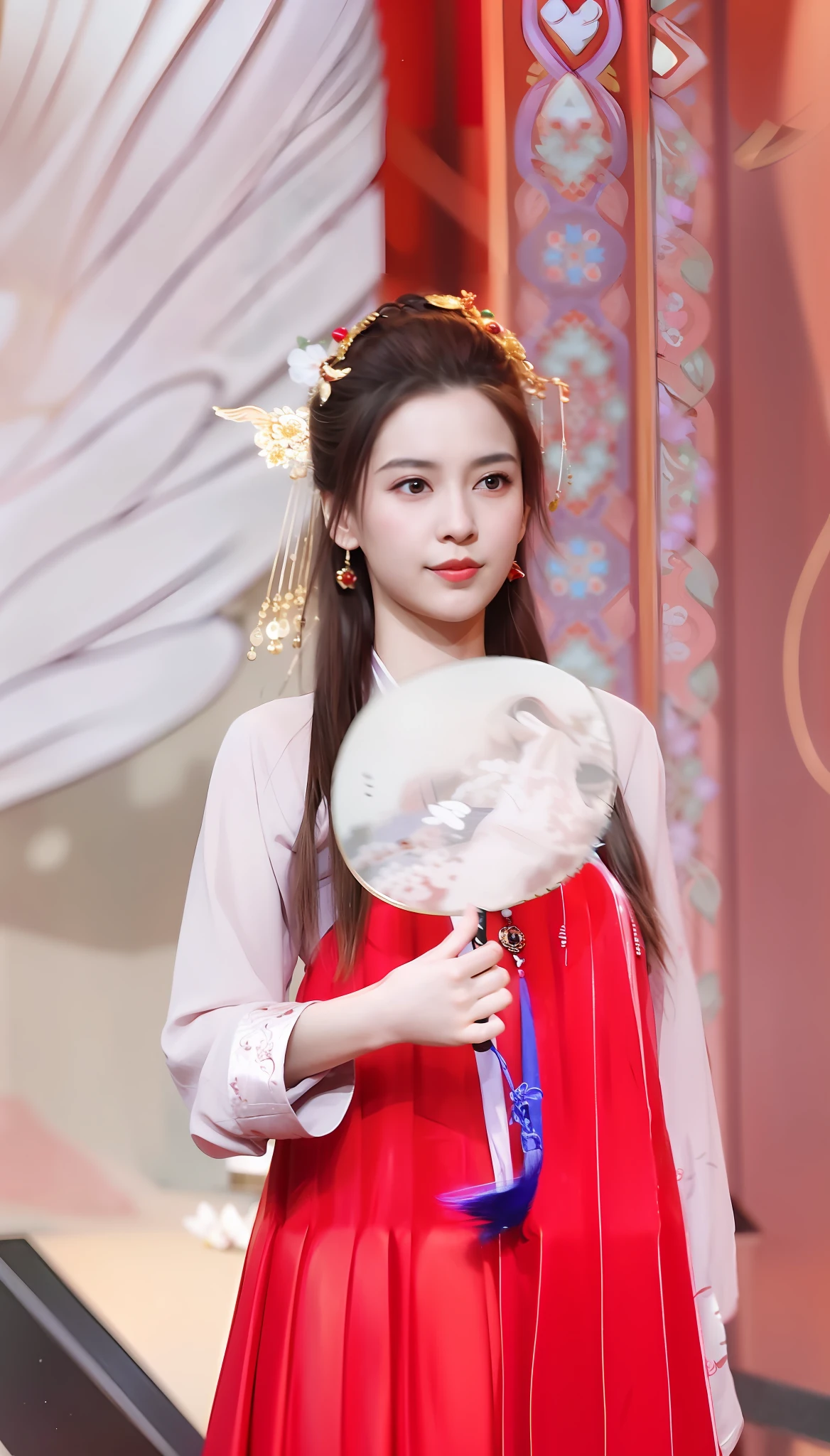 a close up of a woman in a red dress holding a fan, hanfu, palace ， a girl in hanfu, wearing ancient chinese clothes, traditional chinese, white hanfu, ruan jia beautiful!, chinese princess, chinese costume, dilraba dilmurat, traditional chinese clothing, with acient chinese clothes, chinese style, inspired by Huang Ji