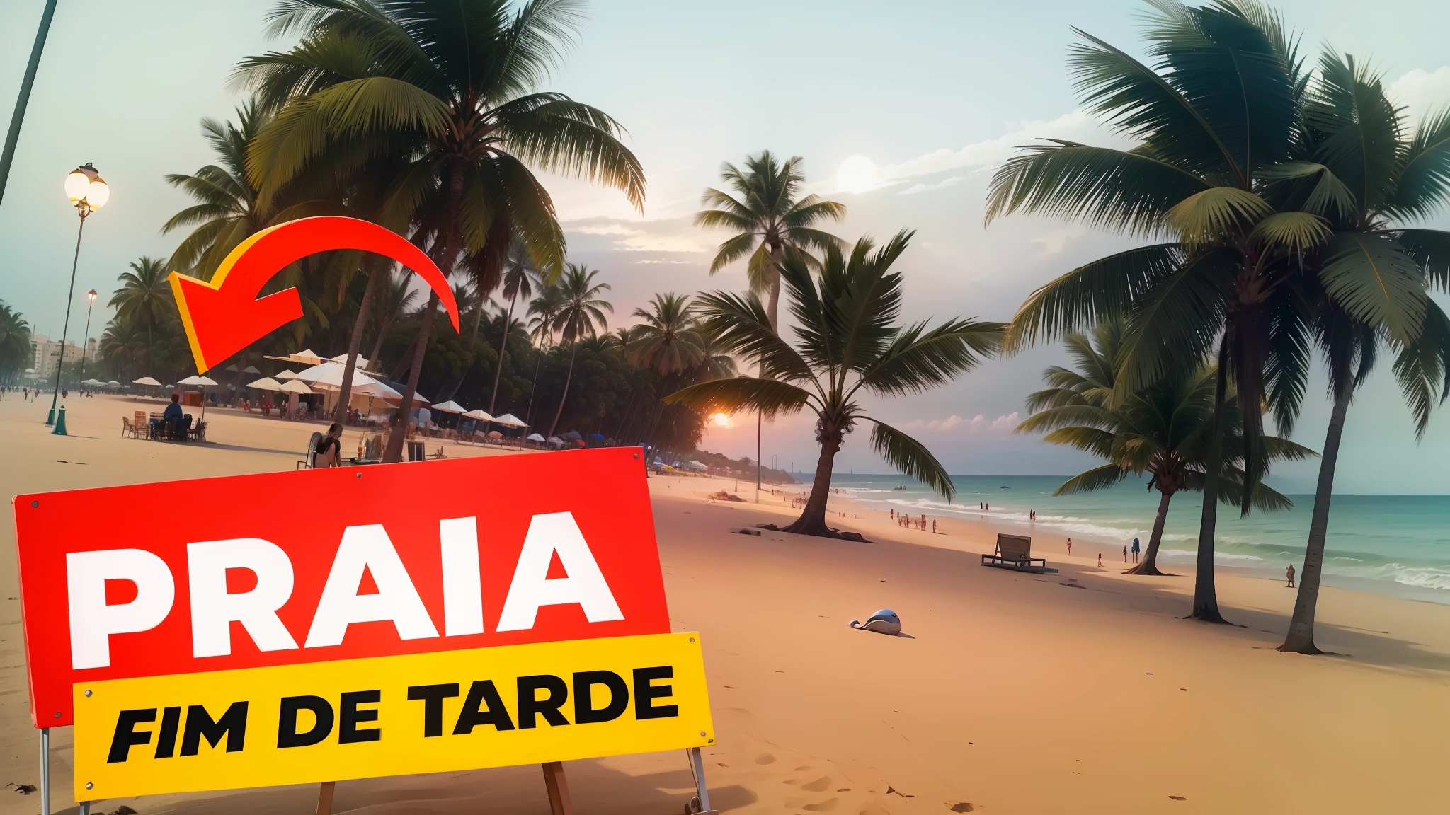 there is a sign that says praa film de tarde on the beach, saâdane afif, kawaai, dada 20s, by Tom Wänerstrand, lighthouse of the bar, inspired by Tom La Padula, Avenida paulista, by Caesar Andrade Faini, as 🐳 👽 🤖 🐘 , people in the background, 🐋 rays of setting sun --auto --s2