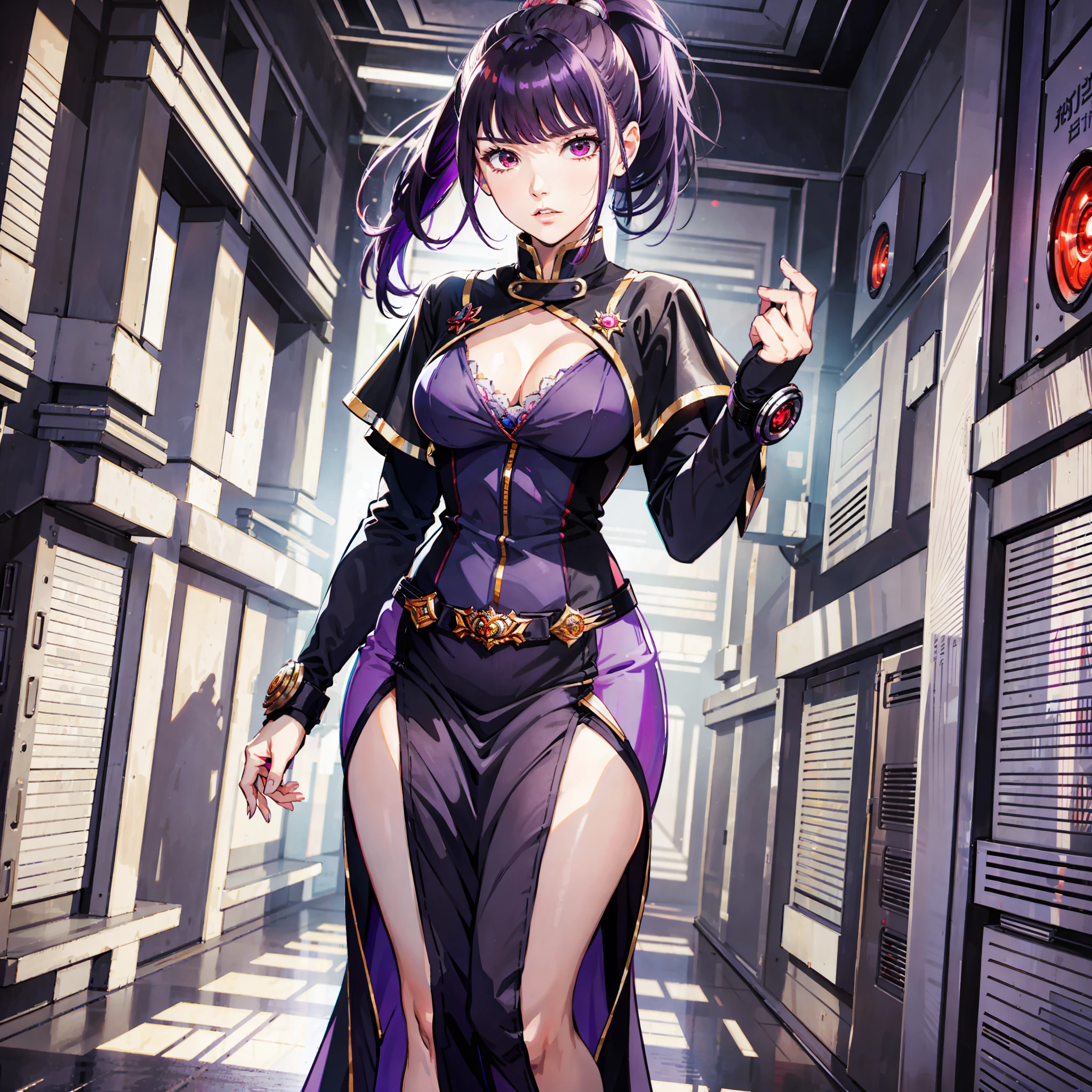 masterpiece, best quality, 1woman, adult, female focus, solo, purple hair, ponytail, vibrant red eyes, looking at viewer, High quality metal texture, closed mouth, bangs, high collar,(kbxll:0.6), Fantasy aesthetics, Highly detailed, shadowverse style, full body