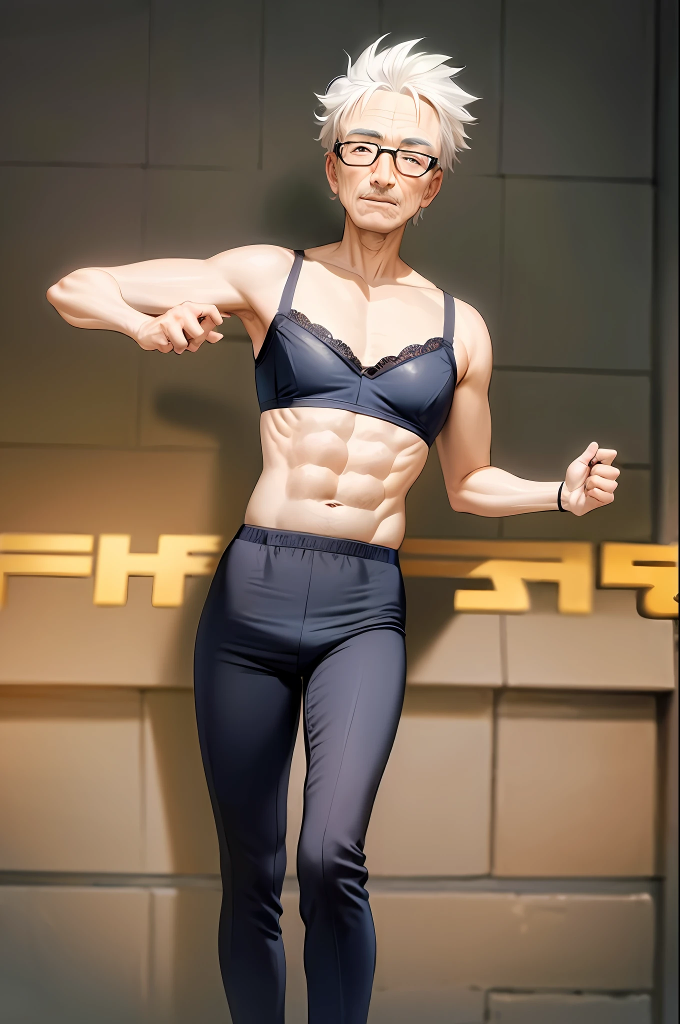 1 man, masterpiece, top quality, old man, (healthy grandpa: 1), kk-60, underwear, bra, dance,