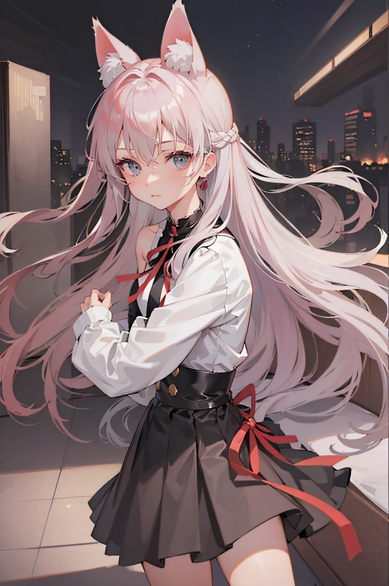 ((Best Quality, 8K)) Anime girl with long hair and cat ears standing in front of the city, Rin Tosaka, anime moe art style, anime style like Fate/stay night, anime girl with long hair, very cute anime girl face, nightcore, from the front line of girls, cute anime girl portrait, anime girl with cat ears, High quality anime art style, "beautiful anime woman", red little ribbon on head