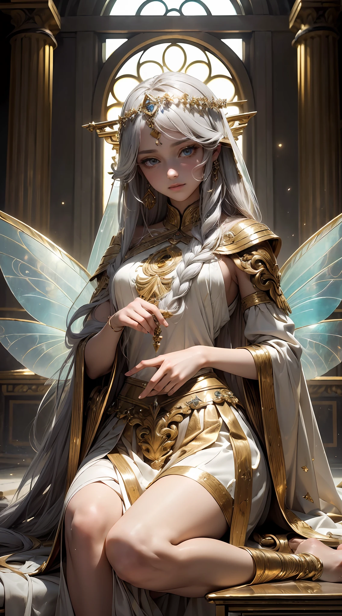 (Masterpiece) (highest quality) ((full body)) (detailed eye depiction) (delicate hands) (delicate clothing) (meticulous portrayal of the face) ((meticulous depiction of the hand)) Brokenness, extreme light and shadow, sunlight, ((Tyndall effect)) long hair, tilt view, long skirt, dotted starlight, golden pupils, (glazing) ((ancient Greek long skirt)) (masterpiece), (fine facial features), (very fine CG), (highest image quality), (fine facial features), (extreme light and shadow) messy hair, long eyelashes, Spell casting with a scepter, ancient Greece, golden hair, goddess, (masterpiece), golden pupil, prayer, (masterpiece) (meticulous portrayal of the body) (meticulous portrayal of the face) (masterpiece) (meticulous description) (meticulous portrayal of the eyes) ((meticulous portrayal of the human body)) masterpiece, the best quality, fine details, beautiful details of the eyes, micro-curly hair, (((atmosphere)) ((fairy)) hidden dye ((dream)), temple, ultimate light and shadow, atmosphere, detailed full-body description,