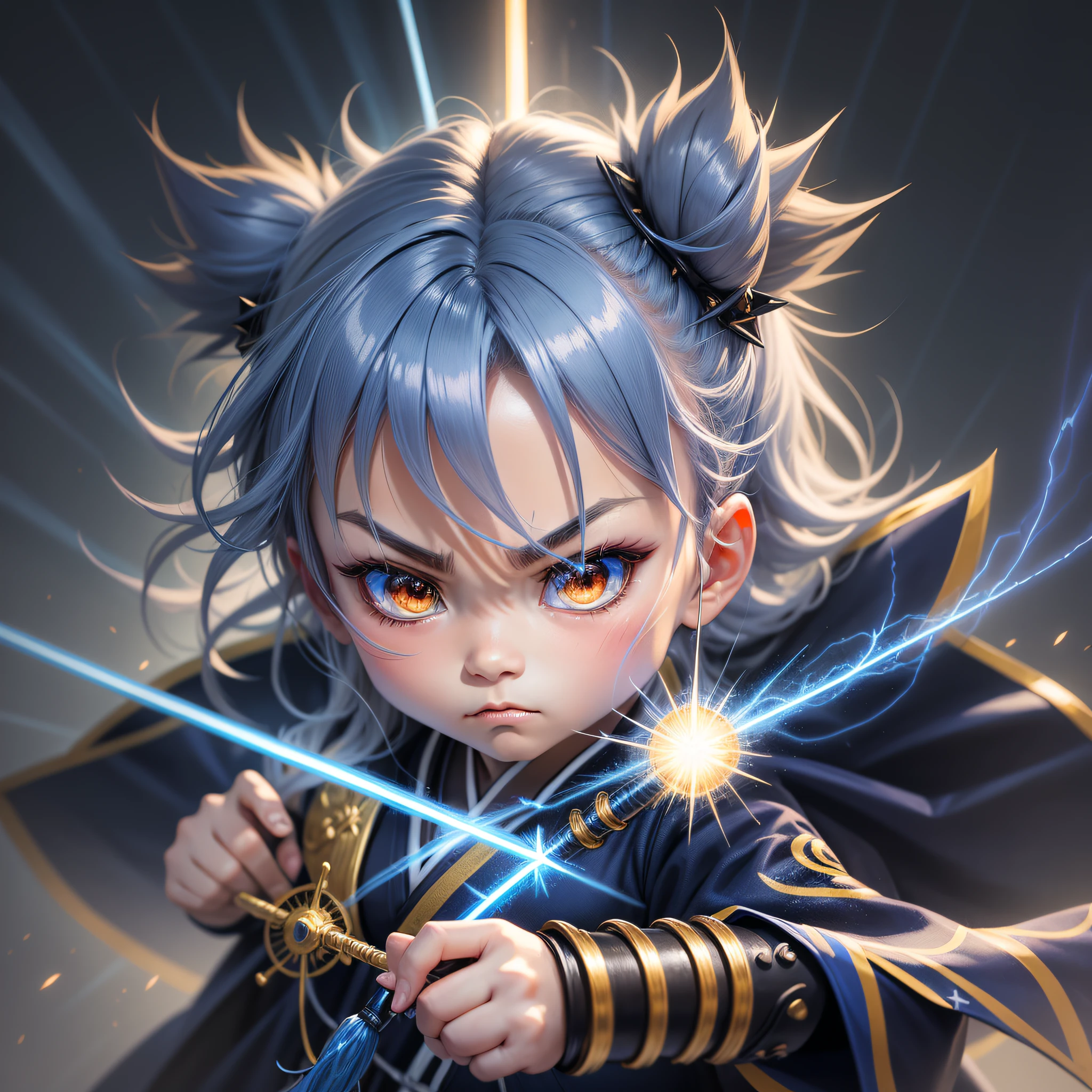 The Chibi Samurai of Thunder. Her dark blue kimono is decorated with golden rays, and her spiky hair reflects her electrical energy. With his flashing spear, he can summon thunder and lightning to electrocute his opponents. His serious expression reveals a focused and protective spirit.