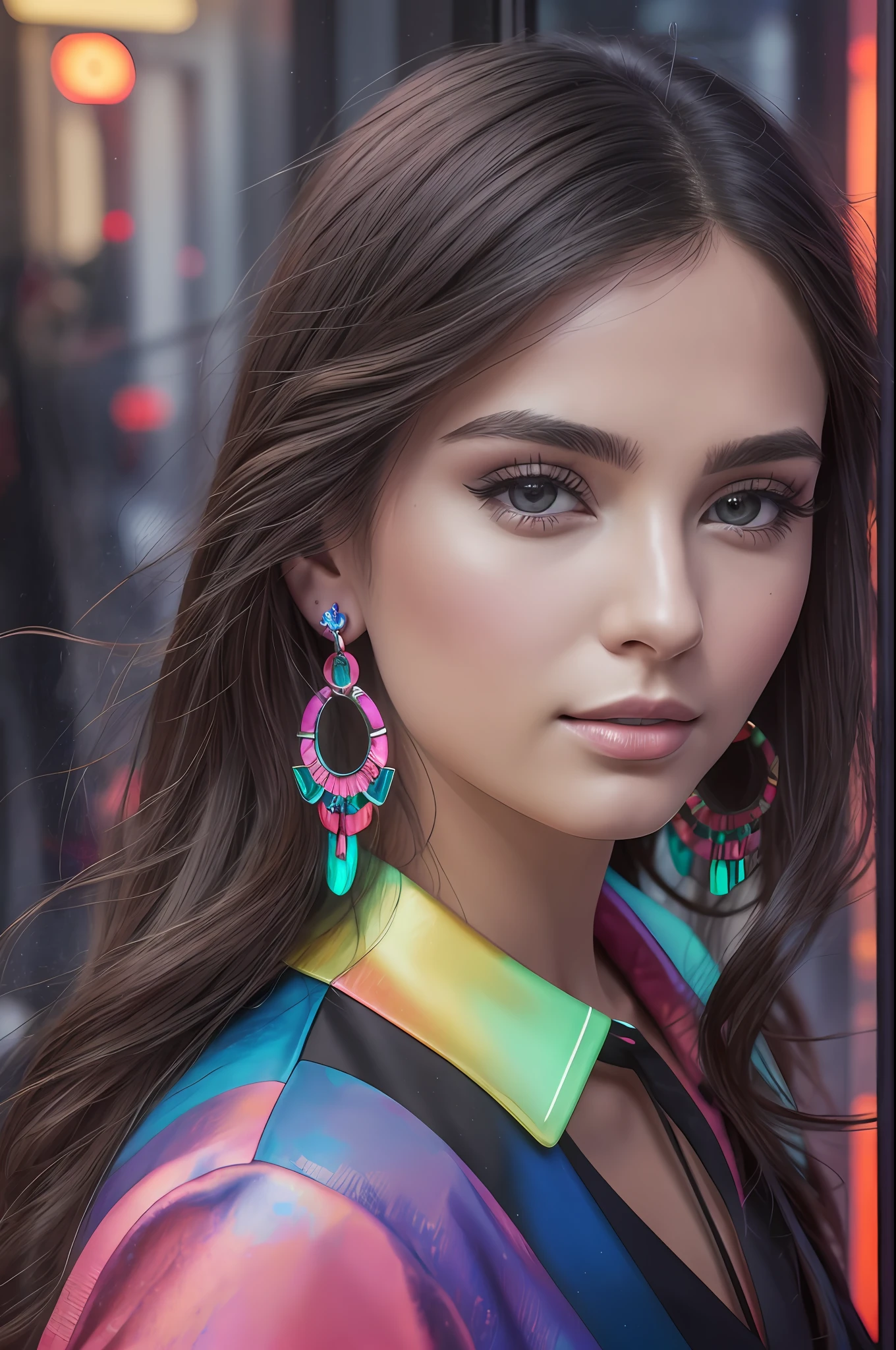 ((Selfie:1.1)), (raw:1.1) photo by (brunette Maj1j3j01-1500:0.99), a Ukrainian woman as a model, sparkling eyes, modelshoot style, (extremely detailed CG 8k wallpaper unit), photo of the most beautiful artwork in the world, majestic professional oil painting by Ed Blinkey, Atey Ghailan, Studio Ghibli, by Jeremy Mann, Greg Manchess, Antonio Moro, trend at ArtStation, trend at CGSociety, Intricate, High detail, sharp focus, dramatic and photorealistic painting art by Midjourney and Greg Rutkowski, (day:1.2), (dimly lit), (neon lights:1.2), (carnival:1.1), (makeup:1.1), ((window in the background)), ((sports blouse:1.2)), (looking at the viewer:1.3), (detailed students:1.3), (modern clothing:1.2), (club makeup:1.2), (close up:1.3), (earrings).