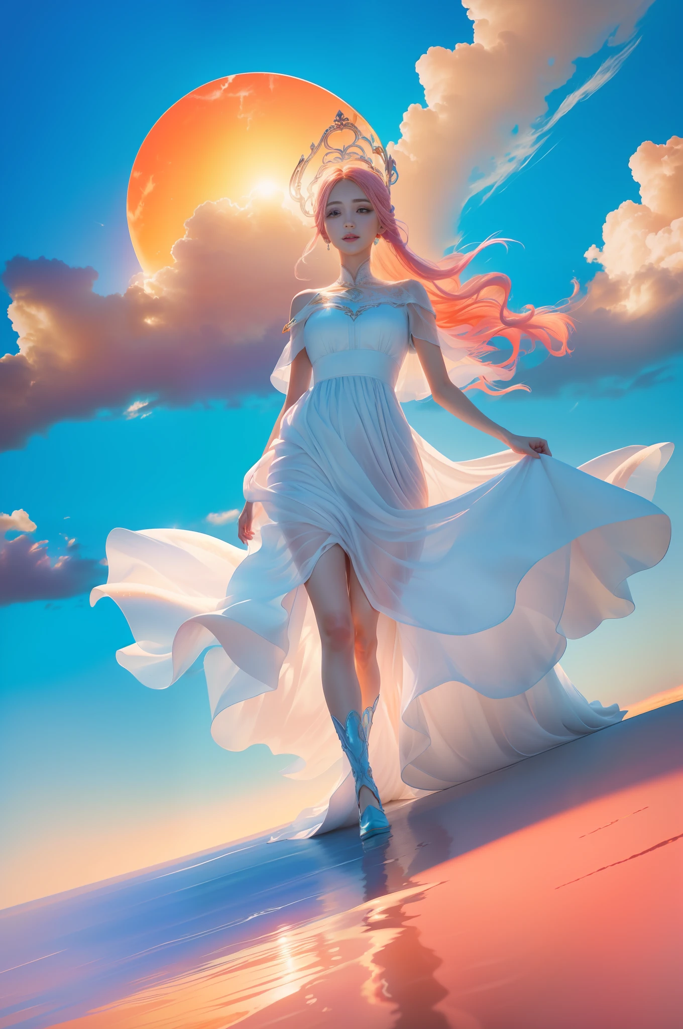 (8k, RAW photo, photorealistic:1.25) ,( lip gloss, eyelashes, glossy side, shiny skin, best quality, super high resolution, depth of field, chromatic aberration, caustics, special light, natural shadows, headwear, Kpop idol), light pink and sky blue style, (real: 1.2), 1girl, (orange sky: 1.5), tall and thin beauty goddess, flowing dress, conservative girl, cloud goddess, flowing white fabric, Wearing a flowing dress, (blue sky and white clouds in the background: 1.4), (wind: 1.5), (full body: 1.5),