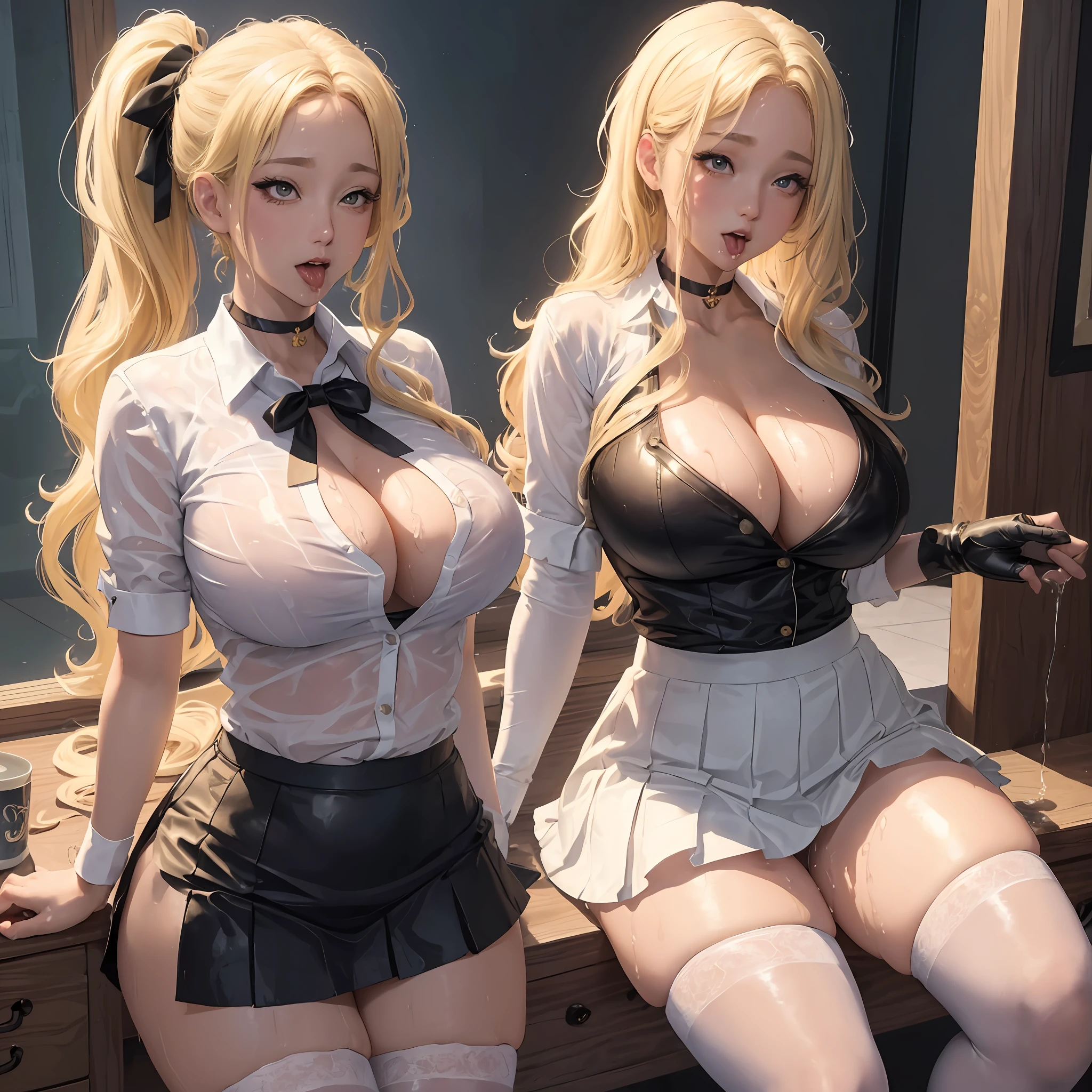 ((beautiful lighting)), blonde wavy side ponytail, tight stockings, so cute, , thick thighs, school uniform, , , (((masterpiece)), ((best quality)), choker, wet with white liquid,  out,