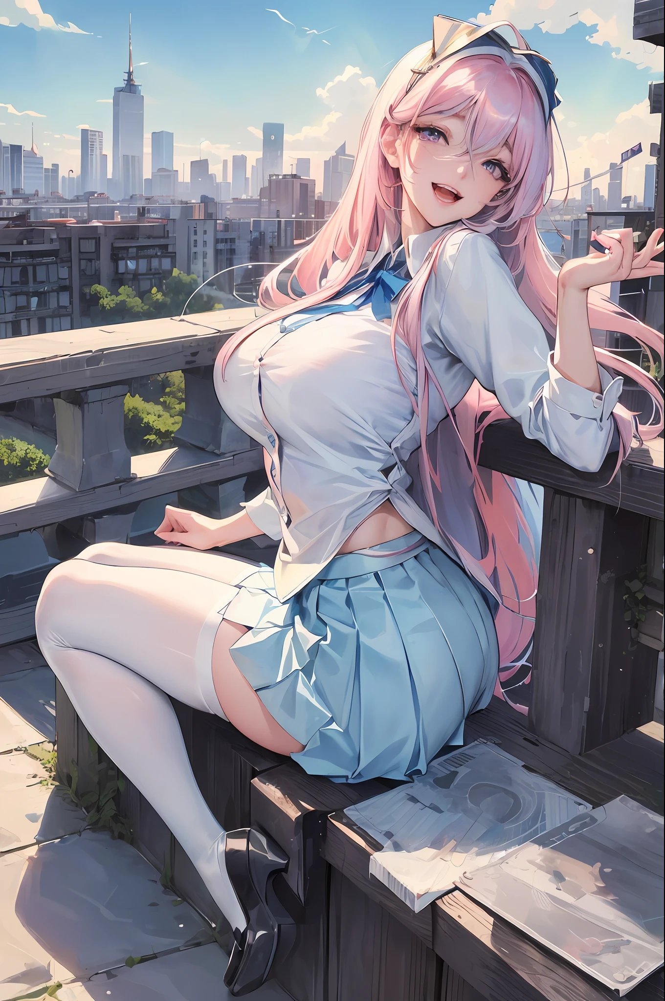 Official Art, Masterpiece, Sharp Focus, (Beautiful Gorgeous Cute Korean Woman: 1.3), (Beautiful Cute Korean: 1.3), Korean Beauty, Delicate Beautiful Hair and Eyes and Face, Realistic, Ultra Detailed, Beautiful Girl, Blue Sky, Glowing White Particles, (Sidelighting: 1.2), Sunlight, White Clouds, Delicate Clouds, Slender, Cute Big Breasts Big Buttocks, Toothy Laughing, ((Laughing with Eyes Open)), Landscape, Long Straight Hair, Sexy Facial Expressions, Architecture, ( Cityscape:1.7), Dynamic Hair, Long Straight Hair, Delicate Platinum Pink Hair, Glowing Blue Eyes, (Blue Pleated Shirt + White Skirt), Black Stockings, Pale Skin, Hair Accessories, Epic Landscape,