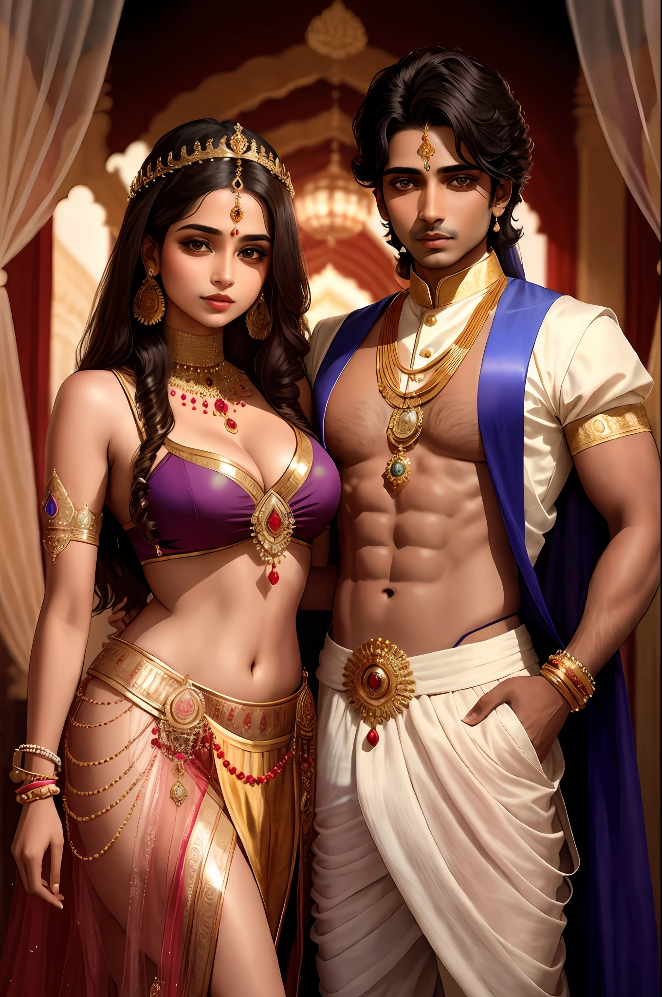 Indian princess and Prince wear jewellers. Prince touching Indian princess and posing in front of camera realistic body