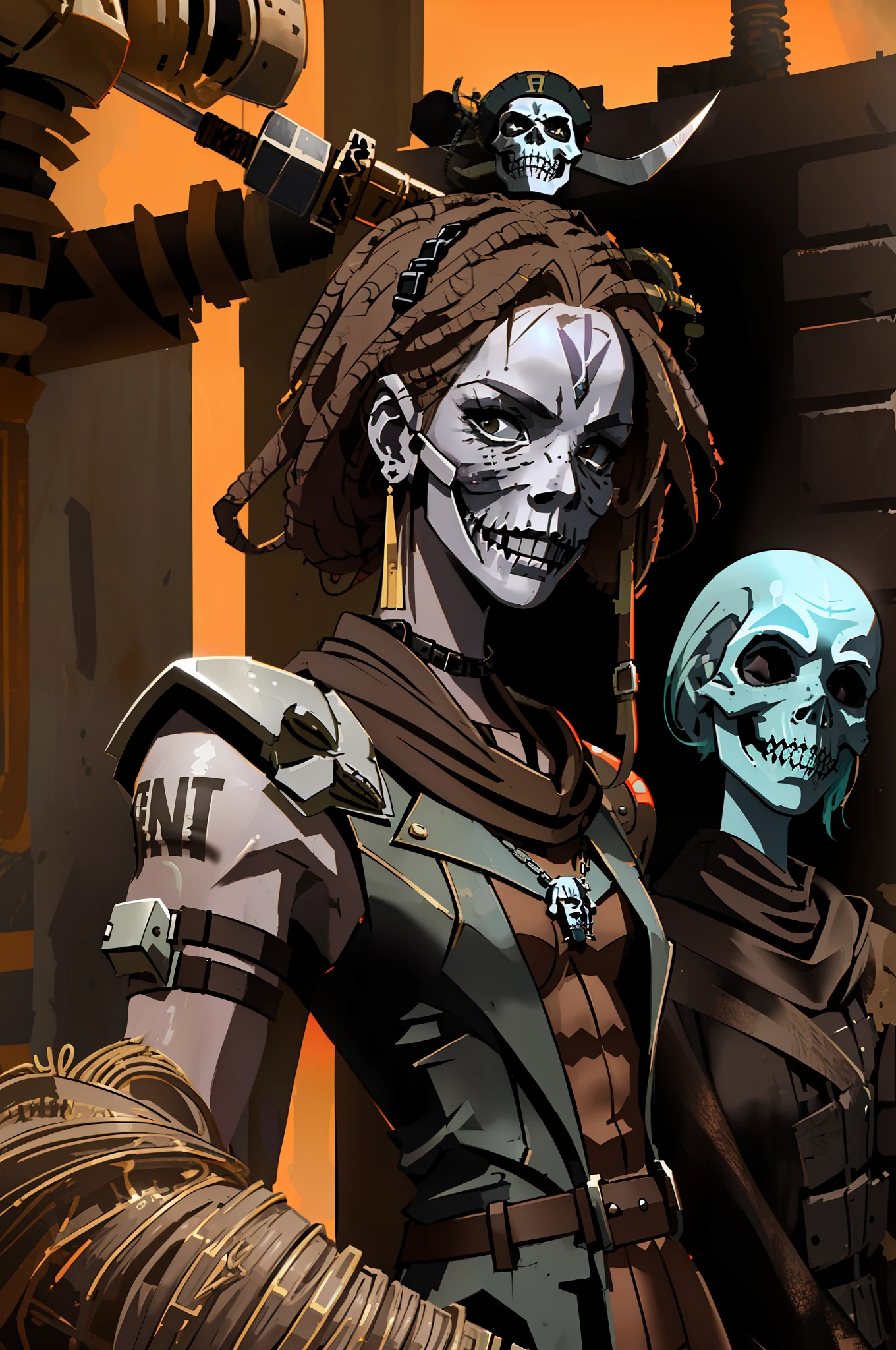 (((masterpiece))), ((African wastedland punk Pirate Girl)), Dreadlocks,wasteland punk, background desert, Perfectly Simmetrical Face, dark atmosphere, with a katana on her hand, Realistic Proportions, Intrincado, Abstract, Mirada dirigida, Composición cinematográfica, Ultra-Detailed, Realista, Hiperrealista, Iluminación volumétrica, 8K, dieselpunk, ((skelleton mask)),uhd,16k, leader clothes, brown color palette, grunge style, wearing an grunge leader outfit, dieselpunk