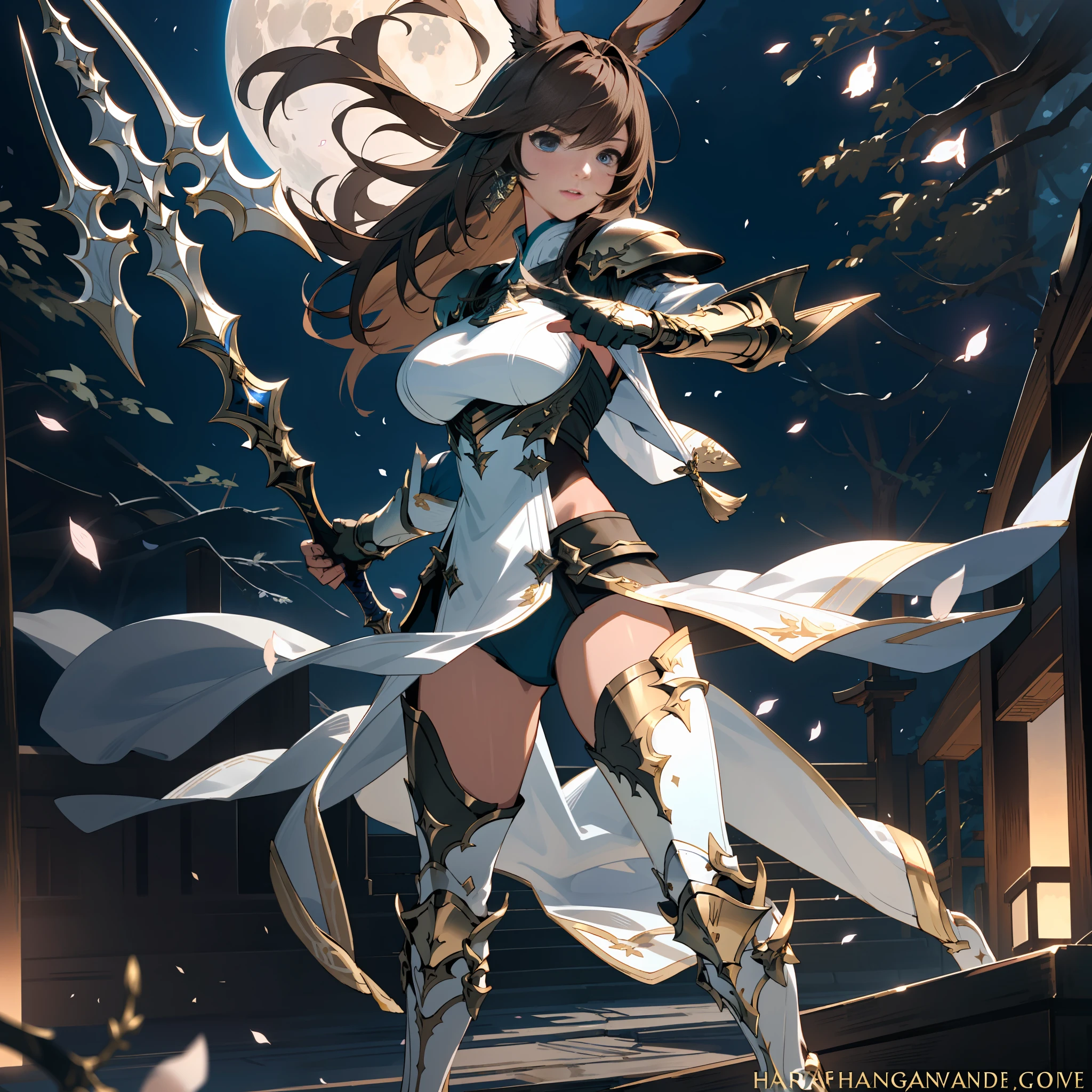 masterpiece, ultra realistic, 8k, ultra realistic eyes, one look of each color, blue right eye and green left eye, full body image, focus on chest region, large breasts, white armor with pointed shoulder pad and golden details, a very beautiful rabbit woman with brown hair, brunette woman, tanned woman dragoon final fantasy xiv, viera final fantasy xiv, came brown hair, white armor with golden details, white armor with pointed shoulder pad, holding a spear, a Japanese yard lit by Japanese lanterns, cherry tree petals falling in the background full moon in the background and starry sky, full moon with clear weather, ultra realistic moon, ultra realistic stars, wielding a magical spear in the shape of a dragon, Final Fantasy 14 Screenshot, Final Fantasy 14 sharp, FFXIV Heavensward, Final Fantasy 14 style, brown hair color, wielding partisan pointing forward, standing position with left leg forward and right leg behind, only the woman in the picture, Partasan gun, partasan in the hands, holding the partasan with both hands at the waist line in front of the body, better eyes, Ultra realistic eyes, full body inside the frame, super defined hand, ultra realistic hands, one right hand and one left hand, better leg posture, ears appearing whole in the image, camera recoil, no colors other than white or gold on the clothes and armor, better hand anatomy.