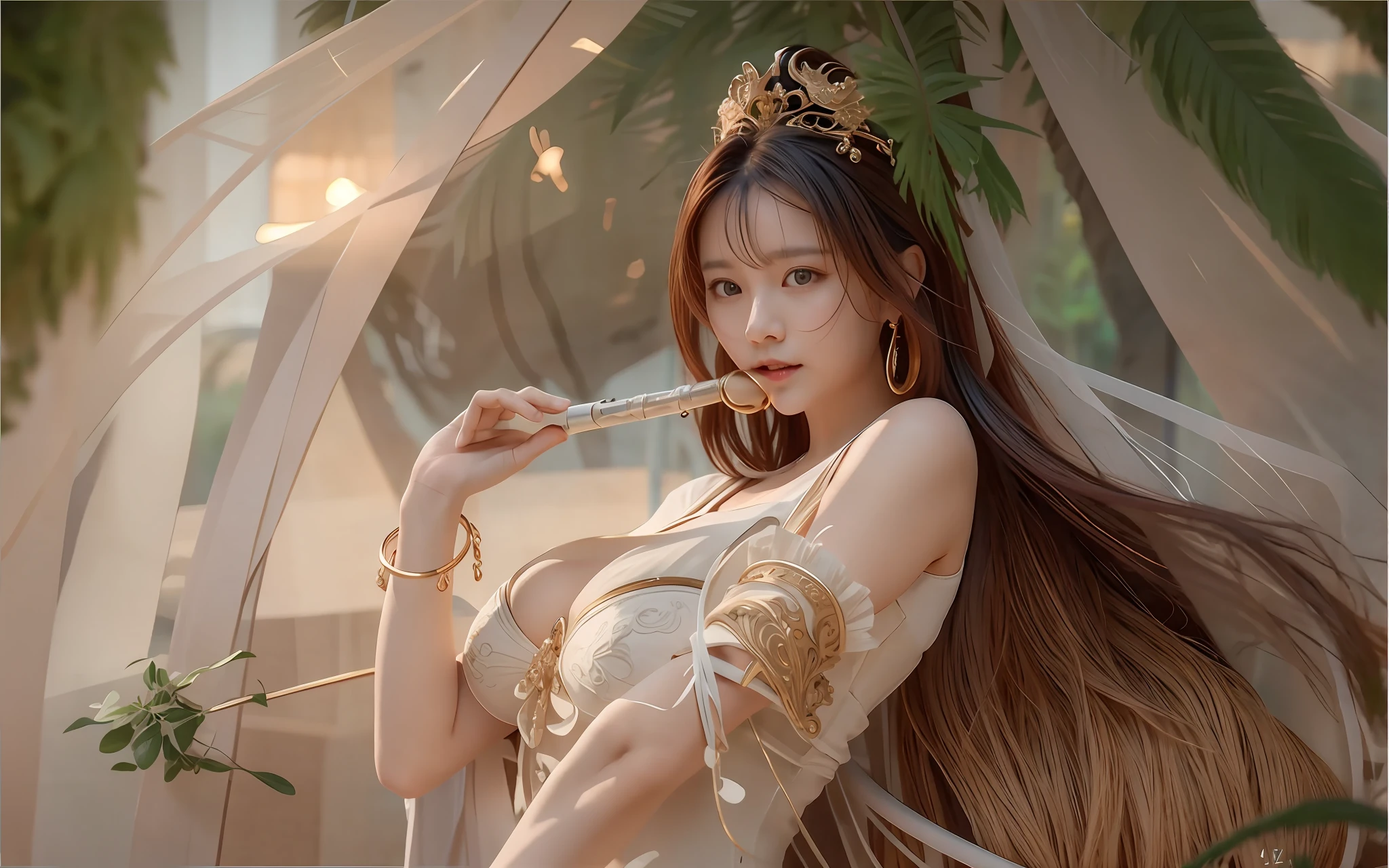 there is a woman in a white dress posing with a flute, trending on cgstation, guweiz, artwork in the style of guweiz, japanese goddess, wlop and sakimichan, a beautiful fantasy empress, cinematic. by leng jun, by Yang J, wlop and ross tran, by Victor Wang, chengwei pan on artstation