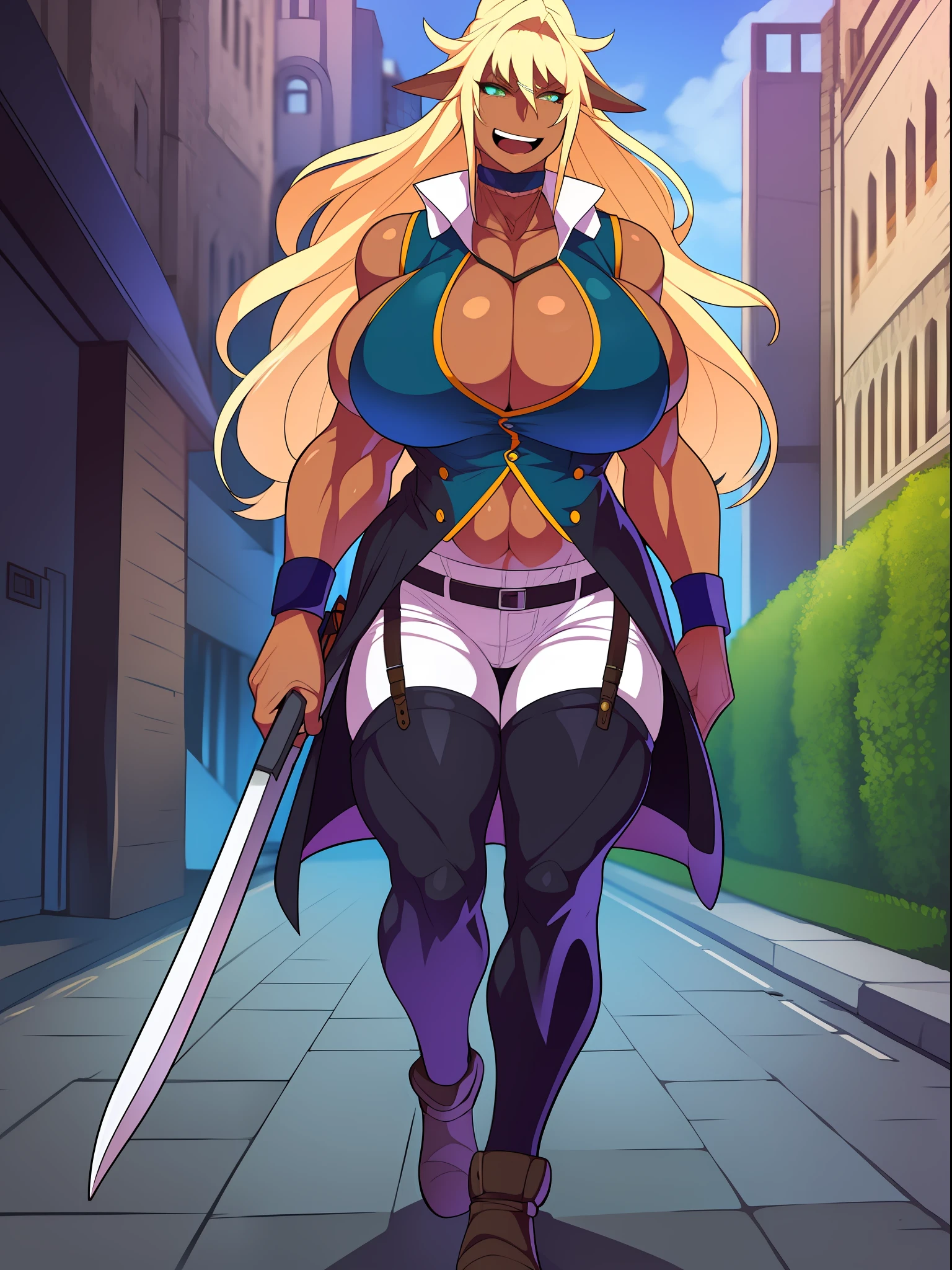 muscle girl,huge breast,, tall female, ,pants, solo focus, 1character, portrait full body,dark skinned female, , vest, coat, walking, medieval clothing, long hair, blond hair,, open mouth smile, revealing cloths, , berserker, warrior,portrait, full body, walking,lingerie, green eyes