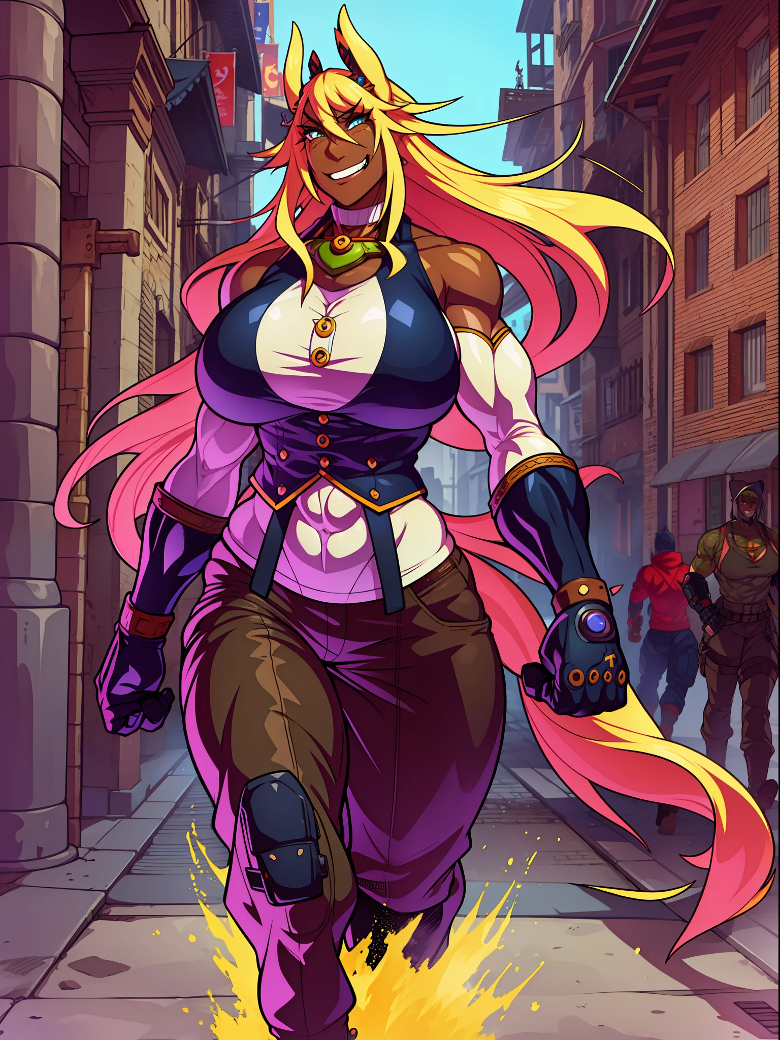 muscle girl,huge breast,, tall female, ,pants, solo focus, 1character, portrait full body,dark skinned female, , vest, coat, walking, medieval clothing, long hair, blond hair,, open mouth smile, revealing cloths, , berserker, warrior,portrait, full body, walking,lingerie, green eyes