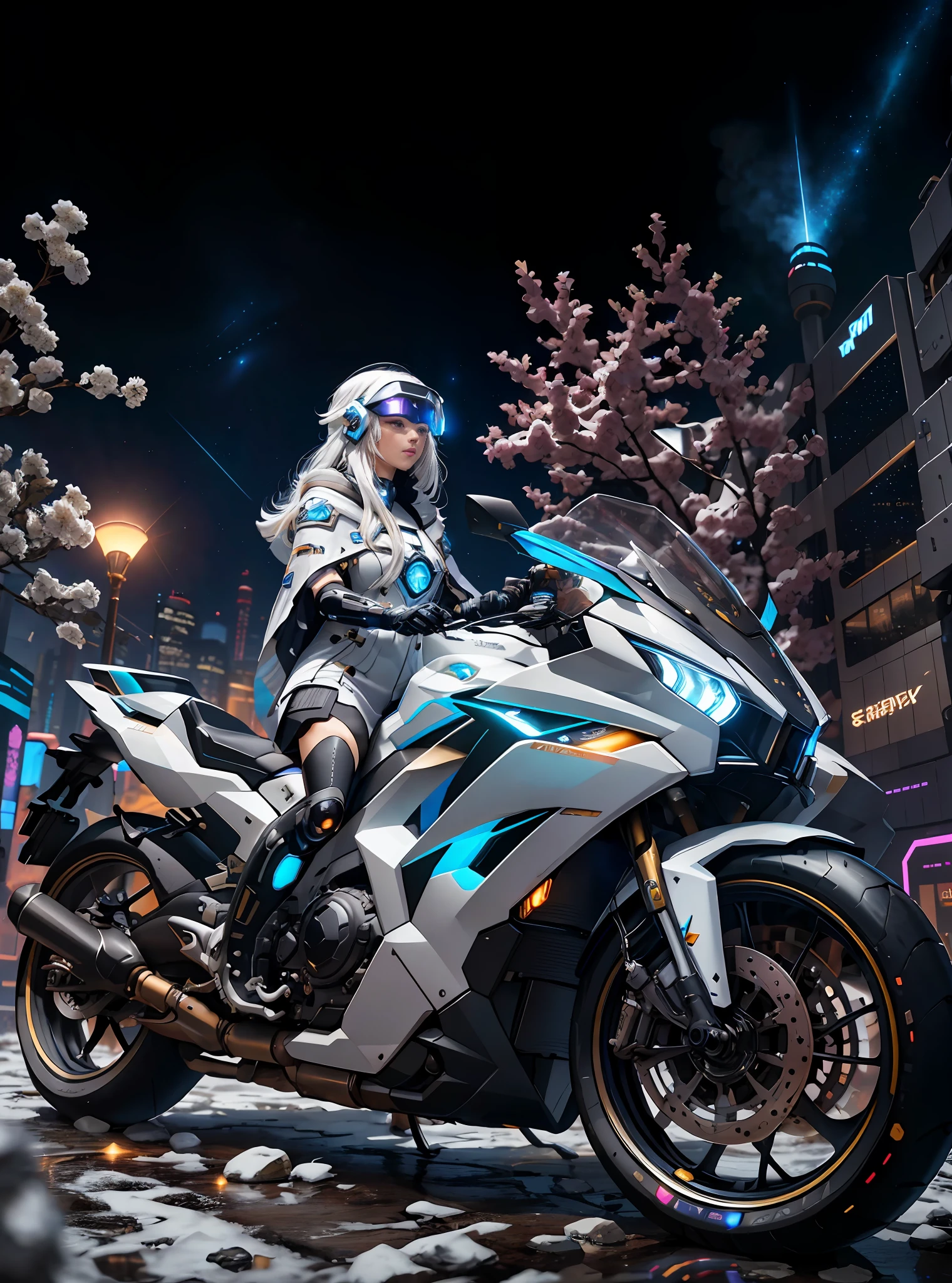 Masterpiece, Best Quality, 4K, Mecha, Crystal Helmet, Glow, Futuristic, Starry Sky, Sky, Stars \ (Sky \), Cloak, Headband, Long Legs, Long Hair, White Hair, Cyberpunk, Depth of Field, Blurred Background,