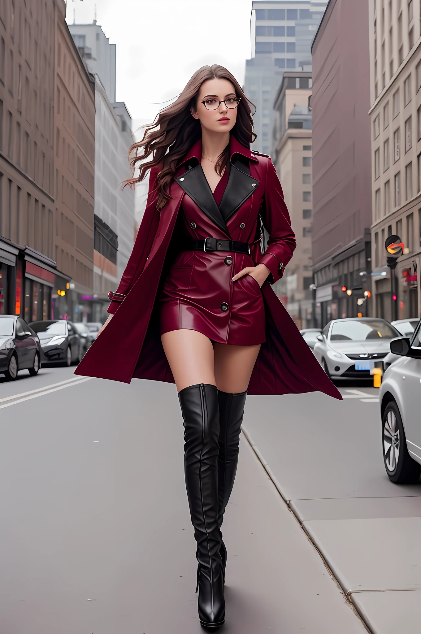 Woman in red coat and black dress walking on city street, high fashion photo shoot, fashion shot 8K, high fashion elegance, high boots, in city street, wearing leather trench coat, in the city, leather thigh high boots, short skirt and long jacket, over-the-knee boots, standing on city street, 4K fashion shoot, wavy long hair, beautiful and delicate face, glasses, eye shadow