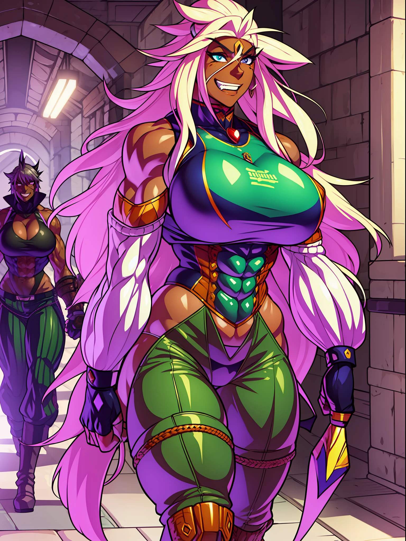 muscle girl,huge breast,, tall female, ,pants, solo focus, 1character, portrait full body,dark skinned female, , vest, coat, walking, medieval clothing, long hair, blond hair,, open mouth smile, revealing cloths, , berserker, warrior,portrait, full body, walking,lingerie, green eyes