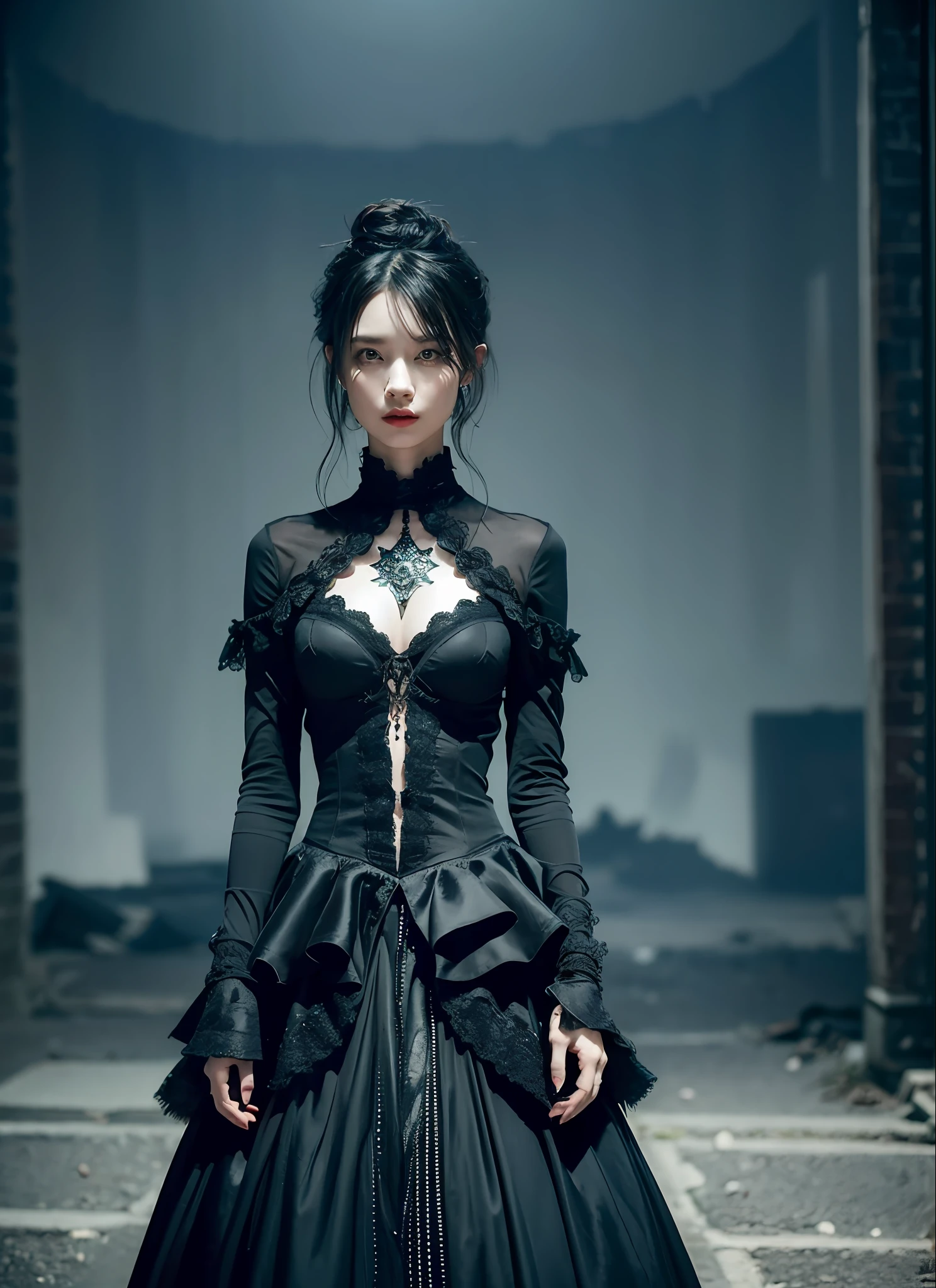 Generate works of women with a dark and mad world view centered on black in high quality. She has an eerie and charming figure and is dressed in a full-body black fashion style. The background is a gloomy and dilapidated landscape, with dark clouds hanging and a mad element in the air. Her figure is puzzling and fantastic, radiating a dark charm. The effects of light and shadow are skillfully expressed, and the details, faces and expressions of the black costumes are meticulously drawn, emphasizing the mad worldview. The overall atmosphere is fantastic, yet has its own artistic touch. The work is vividly projected in blacks and dark tones, evoking visual stimuli and aesthetics, and giving the viewer an interest and mysterious charm. While pursuing a dark and mad worldview, the high quality detail enhances the quality of the work.