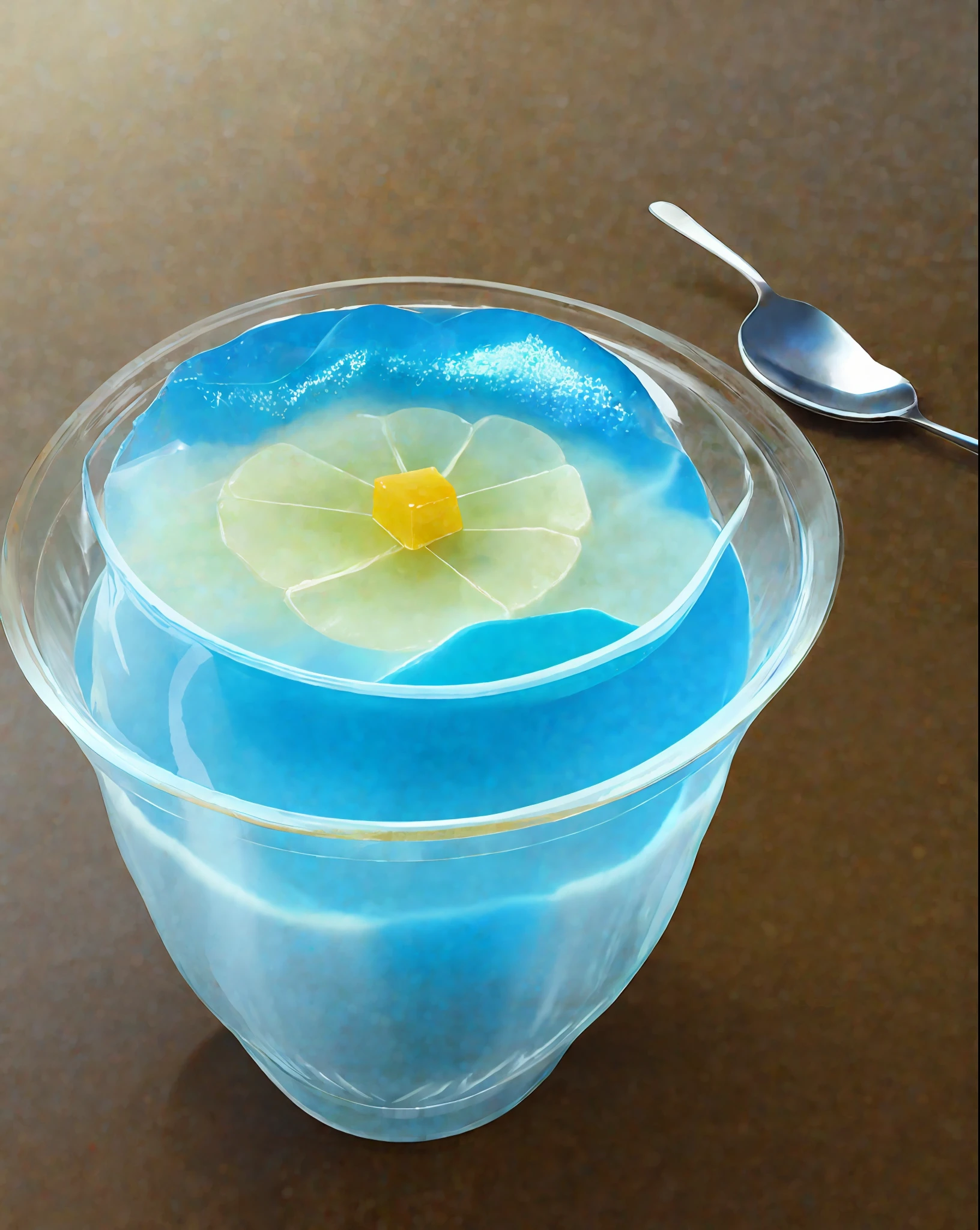 3D digital art of a transparent blue gelatin pudding hyper realistic photo