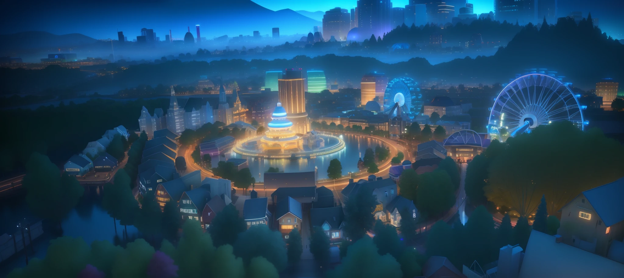 arafed view of a town with a ferris wheel and a ferris wheel, pixar rendering, detailed photo of virtual world, pixar film setting, screenshot from simcity pc game, pixar zootopia. 3 d rendering, disney render, nighttime foreground, town center background, render in pixar, sims 4 screenshot, nightime village background, resort