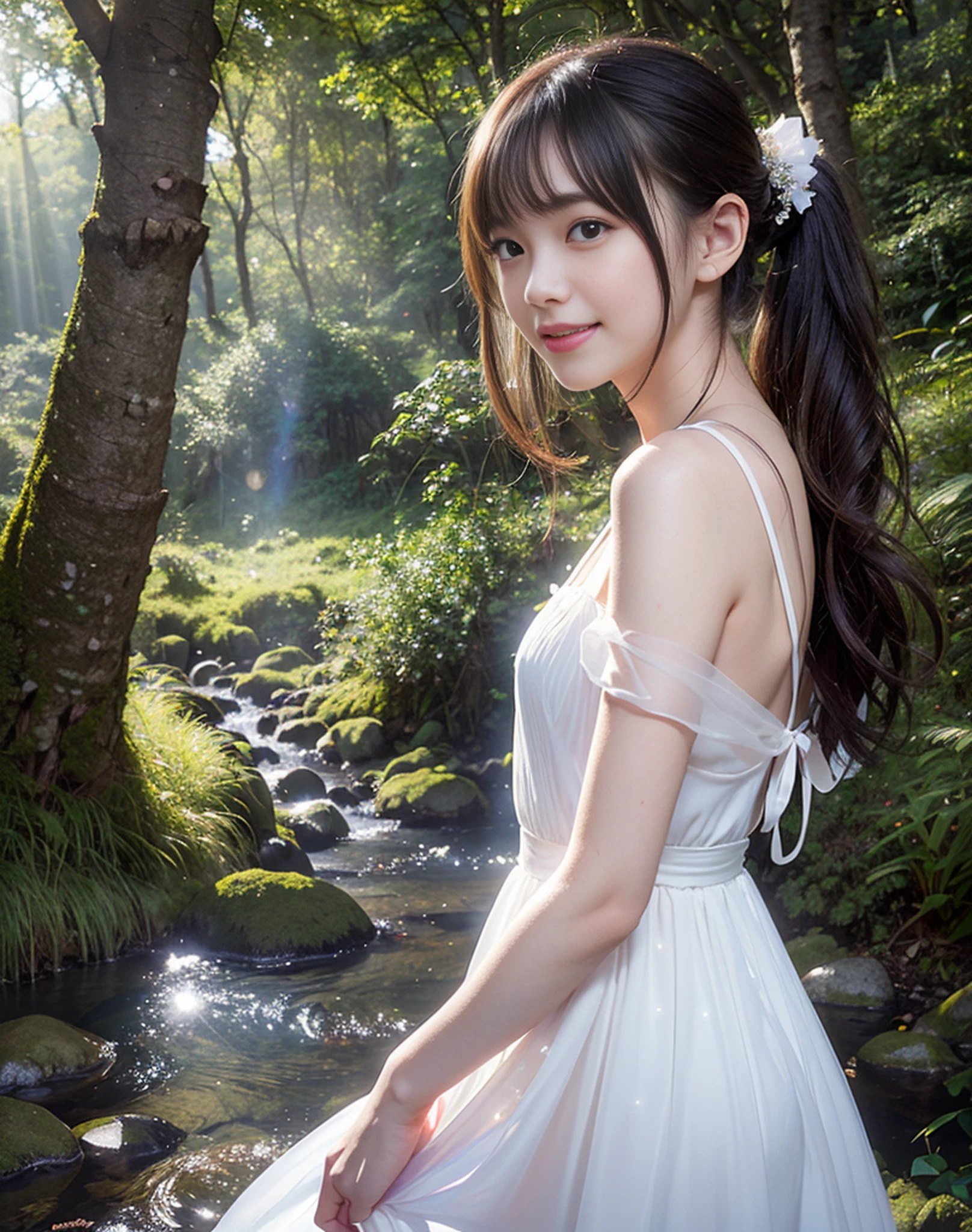((1 person)),((Photorealistic))), ((AKB 48))), (Full body photo)), looking up from below, twilight, facing away, ((((lens flare)))),((Backlight)))))), ((in the forest)), ((clear stream deep in the dark mountains)),((Rock in the background)),((smiling),((NIKON Z))), (19 years old),( Small bust)))), (((White dress)))), ((((Pore feeling)))), (skin feeling))))), (Photorealism: 6, Realistic))))), (sideways and turning around pose))),Perfect chest shape, bare buttocks, side ponytail, ribbons, hair ornaments, pale skin, looking at the viewer, small waist