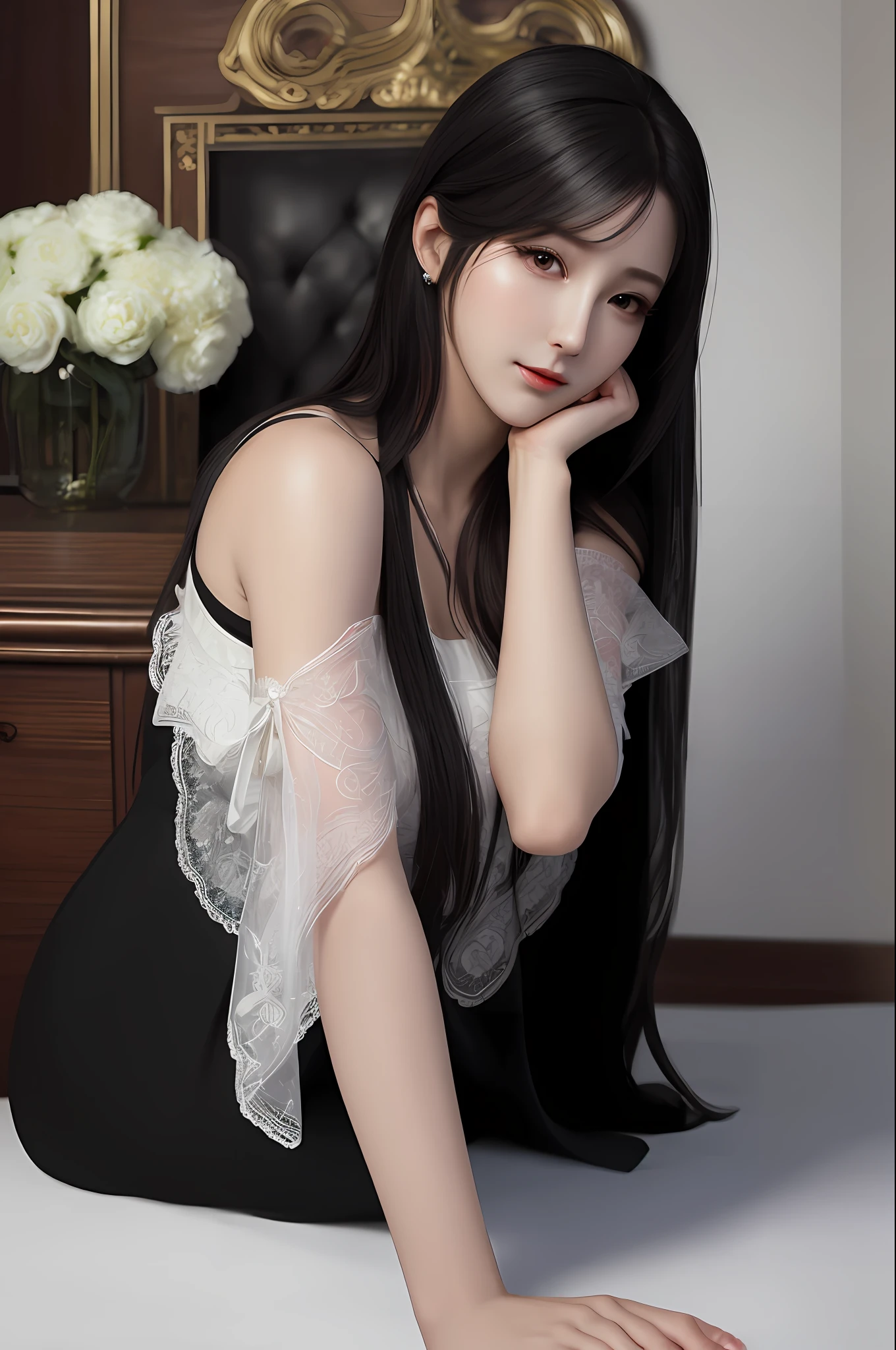 Very detailed eyes, very detailed face, very beautiful woman, best quality, super detailed (photorealistic), very delicate and beautiful legs, beautiful black eyes, absurdity, very detailed expression, professional illustration, shy, FF Tifa, most beautiful pose