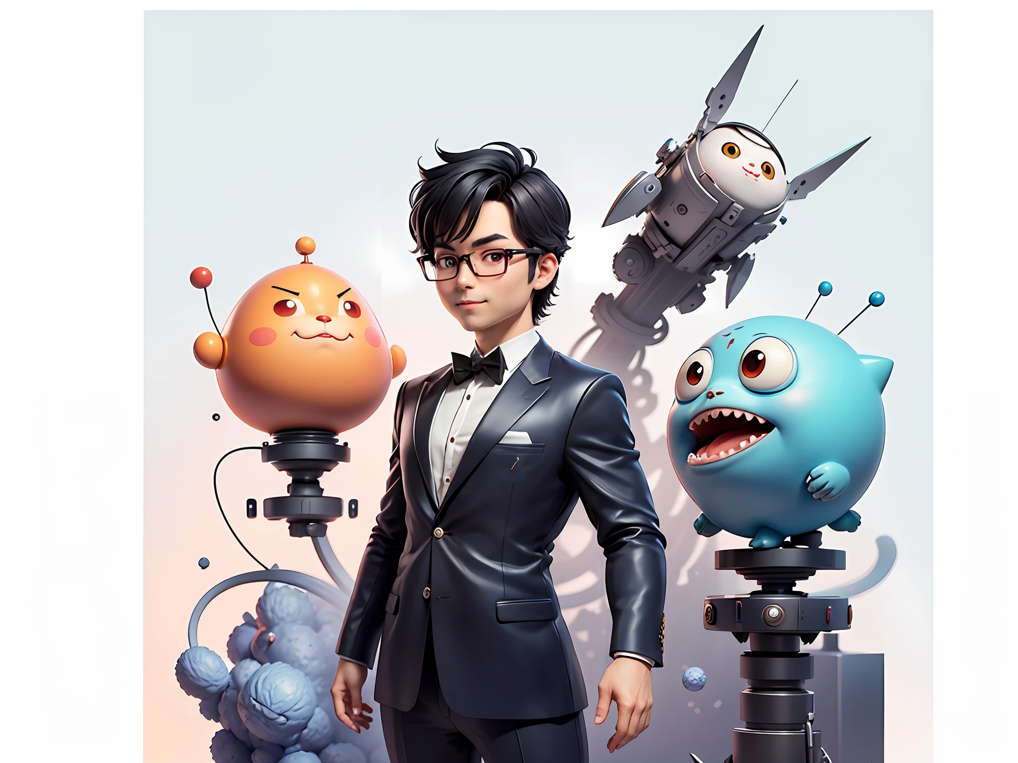 Masterpiece), (Excellent), (Super Meticulous), (Full Body: 1.2), Super Young Woman, Beautiful, Sexy, Bursting, Oriental Face, TV Anchor, Bust Portrait Illustration, Alone, Black Suit, Blue Tie, Silver Glasses, Slightly Chubby Face, Very Clean Face, No Beard, Black Super Short Hair, Black Eyes, Confident Smile, 3c Computer Sub-Products, iPad, iPhone, Digital Painting, 3D Character Design by Akira Toriyama with Mark Claireden and Pixar and Hayao Miyazaki, The illustration is a high-definition illustration in 4K resolution with very detailed facial features and cartoon-style visuals.
