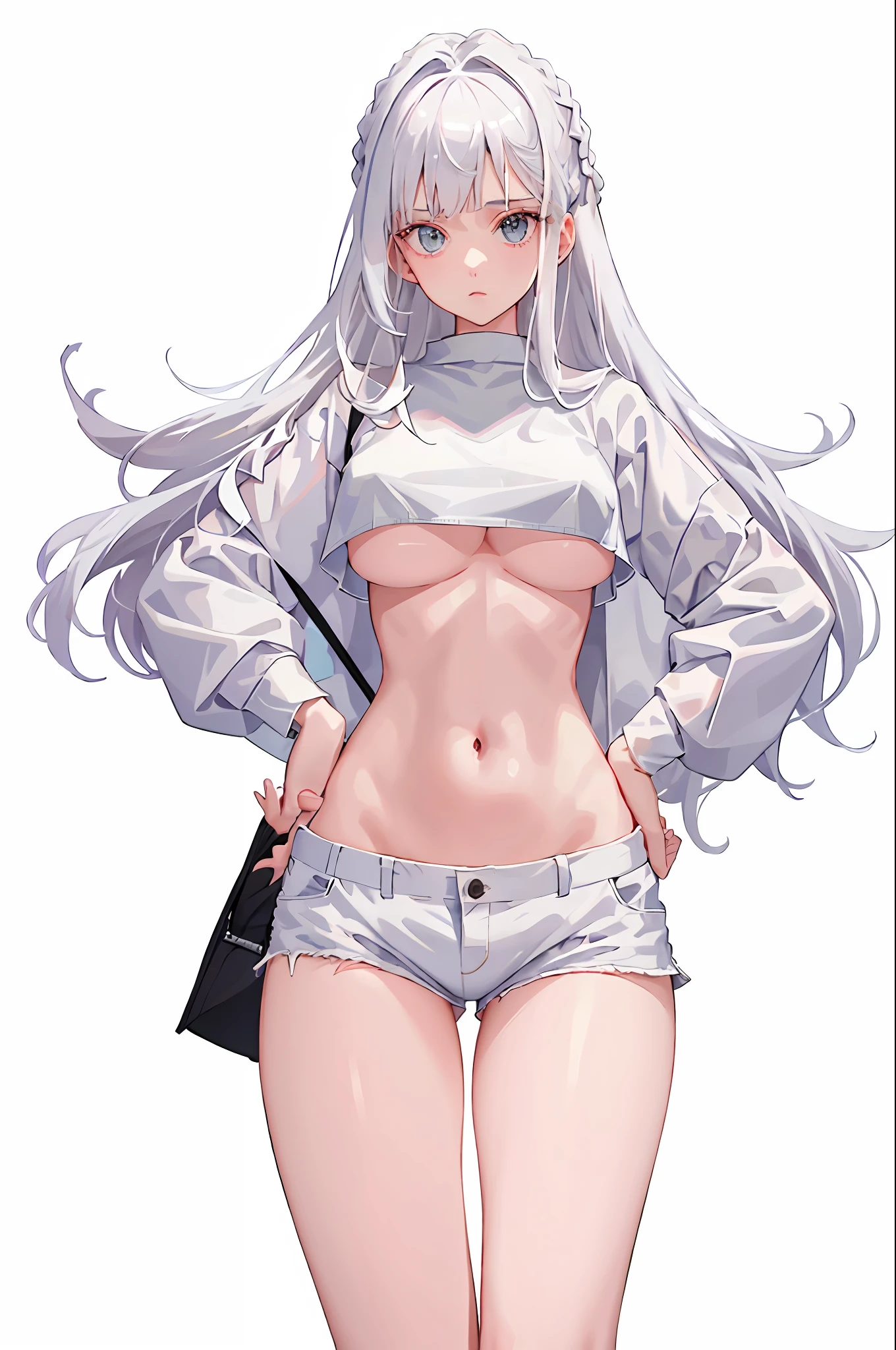 1girl, white hair, navel, looking at viewer, hand on hip, black jacket, dolphin shorts, groin, (white shirt:1.2), braid, very long hair, wide hips,
underboob, shirt,
big\(BodyProportions\),