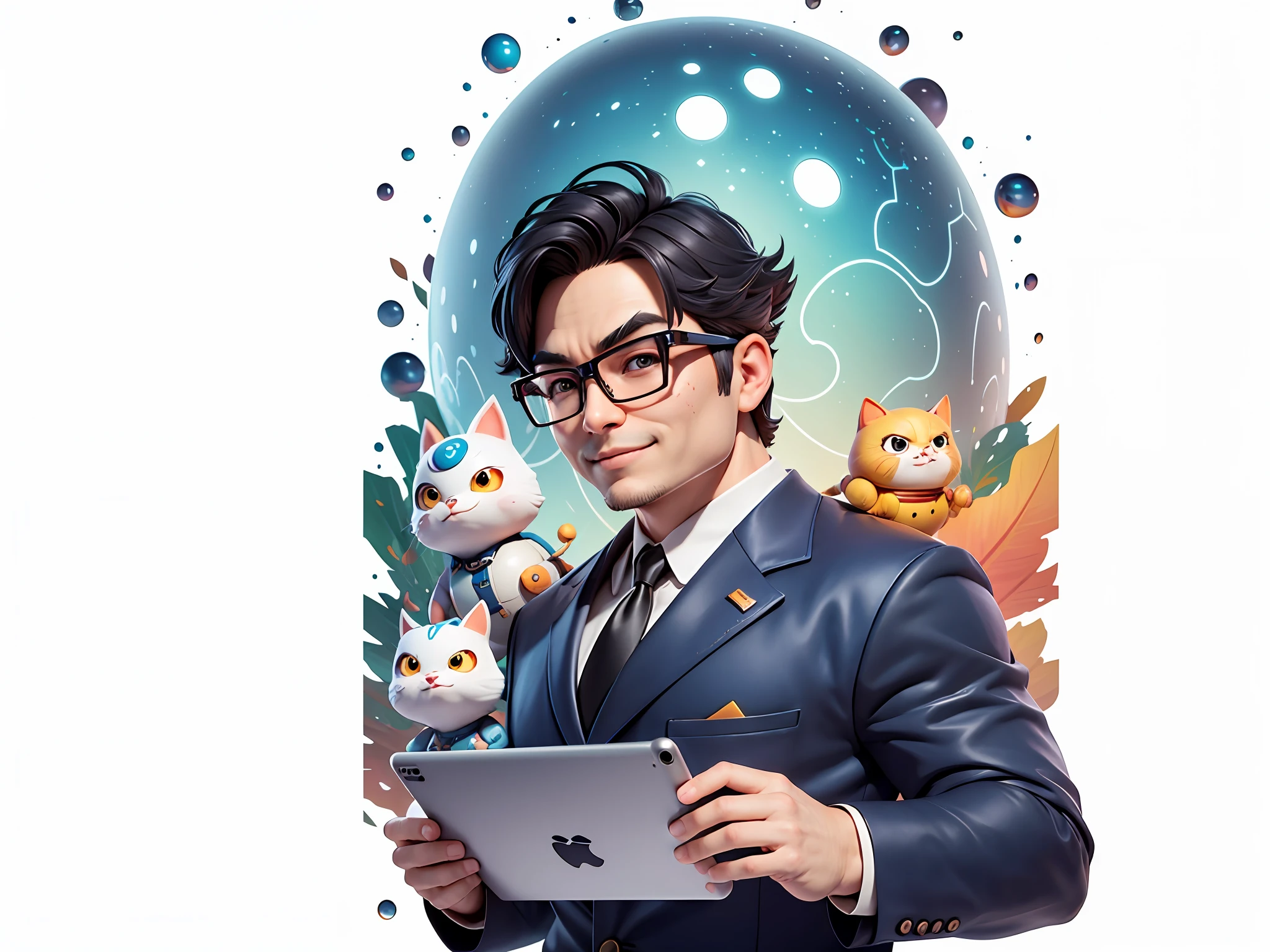 Masterpiece), (Excellent), (Super Meticulous), (Full Body: 1.2), Super Young Woman, Beautiful, Sexy, Bursting, Oriental Face, TV Anchor, Bust Portrait Illustration, Alone, Black Suit, Blue Tie, Silver Glasses, Slightly Chubby Face, Very Clean Face, No Beard, Black Super Short Hair, Black Eyes, Confident Smile, 3c Computer Sub-Products, iPad, iPhone, Digital Painting, 3D Character Design by Akira Toriyama with Mark Claireden and Pixar and Hayao Miyazaki, The illustration is a high-definition illustration in 4K resolution with very detailed facial features and cartoon-style visuals.