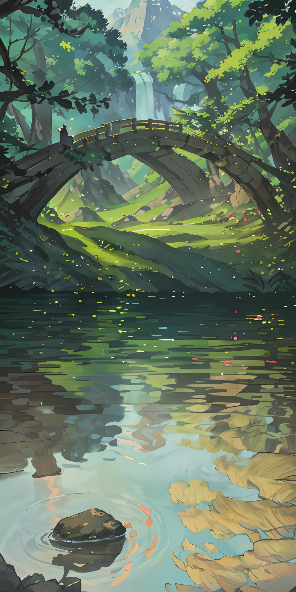 Chinese ancient times, spring, jungle, lake, cave, waterfall, tree, meadow, rock, deer, hot spring, water vapor, (illustration: 1.0), epic composition, realistic lighting, HD details, masterpiece, best quality, (very detailed CG unified 8k wallpaper)