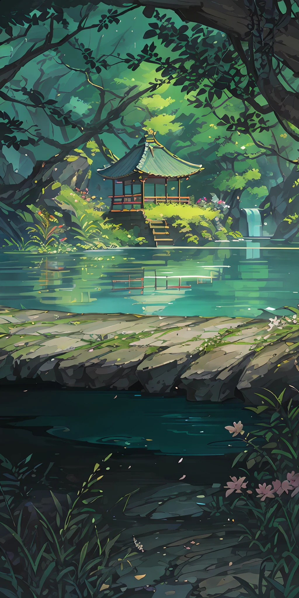Chinese ancient times, spring, jungle, lake, cave, waterfall, tree, meadow, rock, deer, hot spring, water vapor, (illustration: 1.0), epic composition, realistic lighting, HD details, masterpiece, best quality, (very detailed CG unified 8k wallpaper)