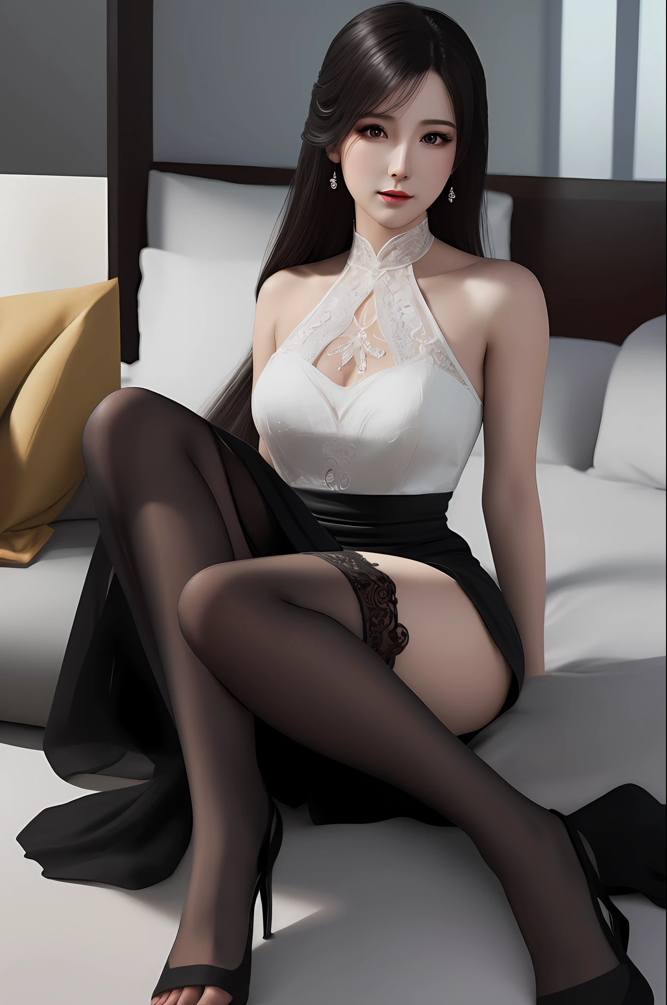 Very detailed eyes, very detailed face, very beautiful woman, best quality, super detailed (photorealistic), very delicate and beautiful legs, beautiful black eyes, absurdity, very detailed expression, professional illustration, shy, FF Tifa, most beautiful pose