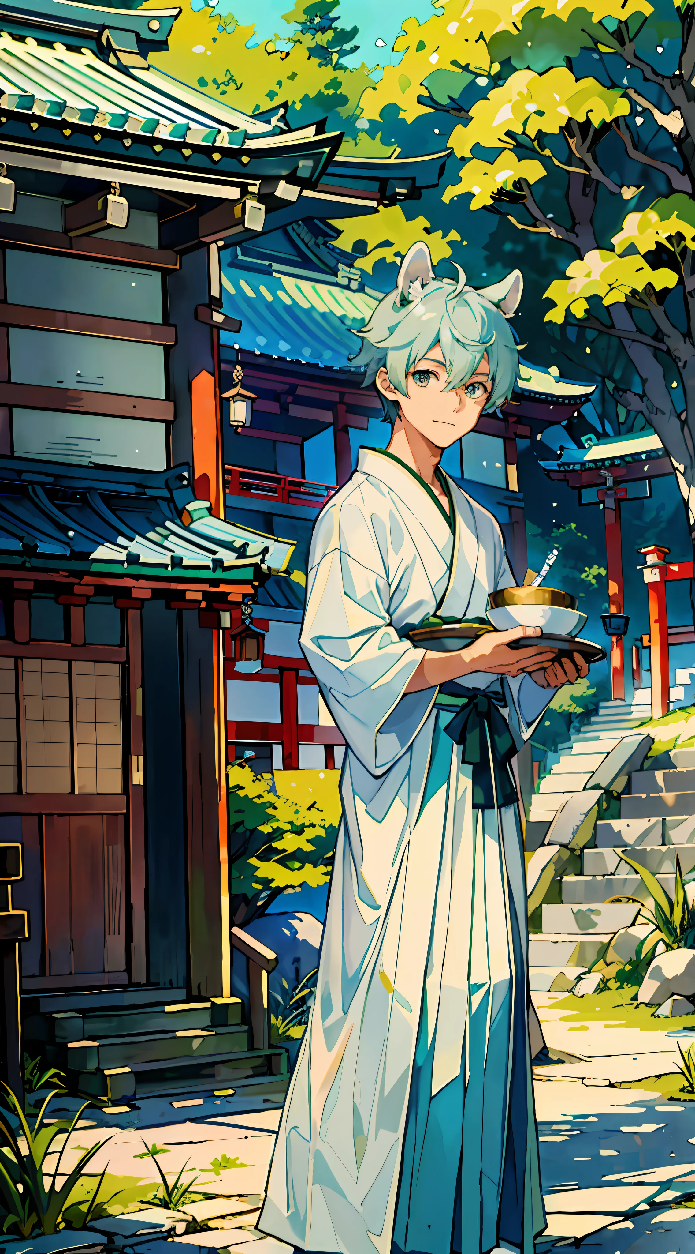 ((Masterpiece: 1.4, best quality)), one boy, green and short hair and eyes, (Japan Shinto priest, white and light blue hakama: 1.3), gentle smile, holding a tray with alcohol on it, tanuki ears, background is a temple in Kyoto.