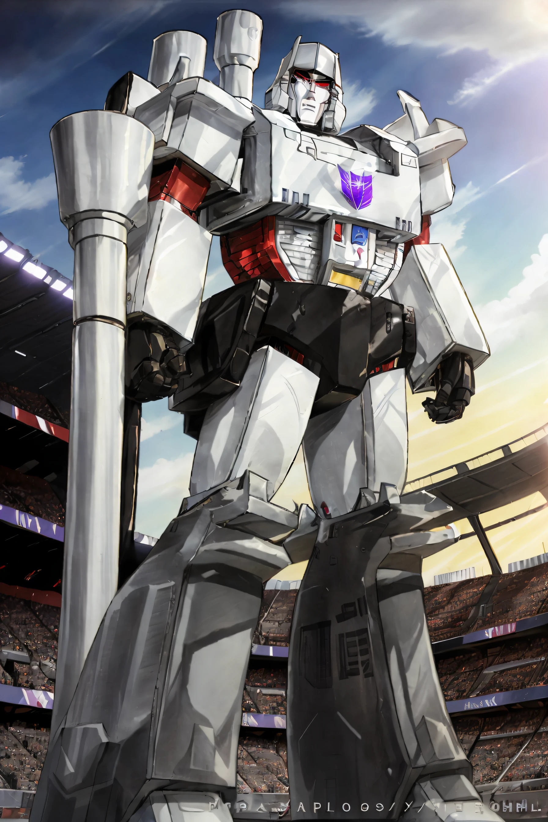 very tall Megatron in a stadium, sharp red eyes, high detail, sharp focus, photorealistic, hdr, fine lines