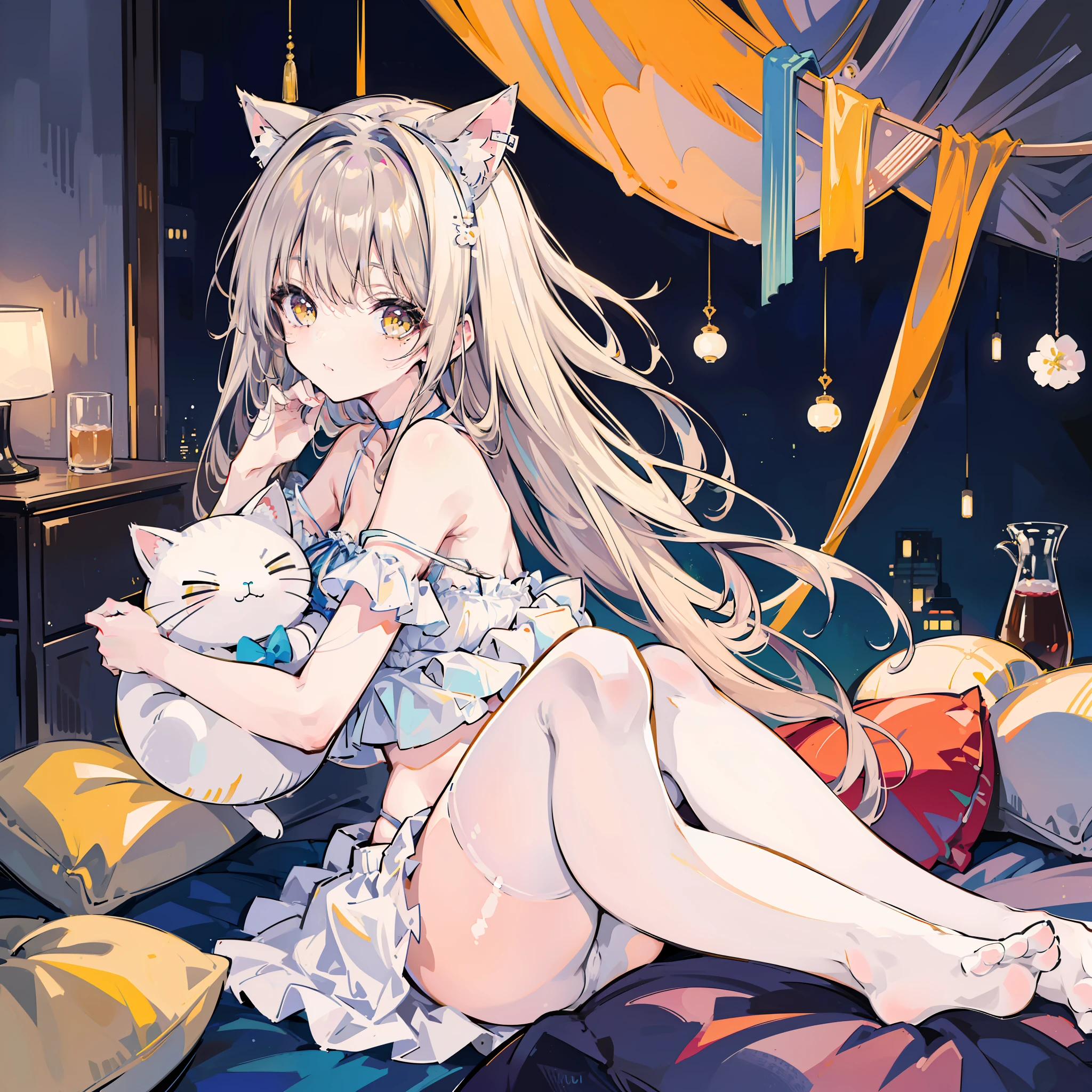 (Highest picture quality), (Master's work),(Detailed eyes description),(Detailed face description), (1girl, shiina mahiru, yellow eyes, 1girl, solo), (lingerie, bra), miniskirt, white lingerie, pantyhose, white pantyhose, strap slip, floating hair, long hair, midriff peek, looking at viewer, side view, ((hugging cat plush, hugging stuffed cat)), indoors, bedroom, sitting, on bed, solo, choker, hair ornament, flower hair ornament, cat ears headband