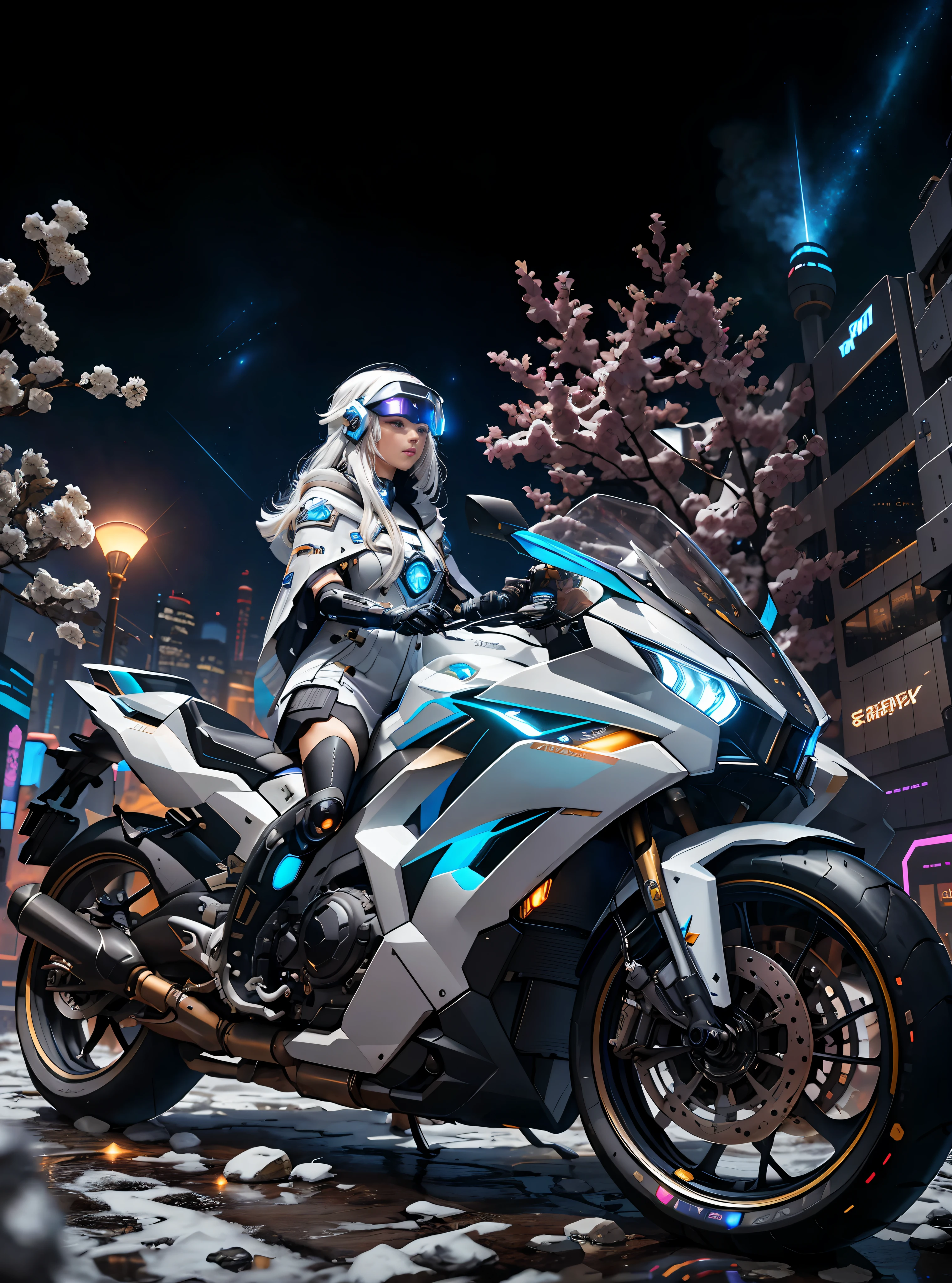 Masterpiece, Best Quality, 4K, Mecha, Crystal Helmet, Glow, Futuristic, Starry Sky, Sky, Stars \ (Sky \), Cloak, Headband, Long Legs, Long Hair, White Hair, Cyberpunk, Depth of Field, Blurred Background,