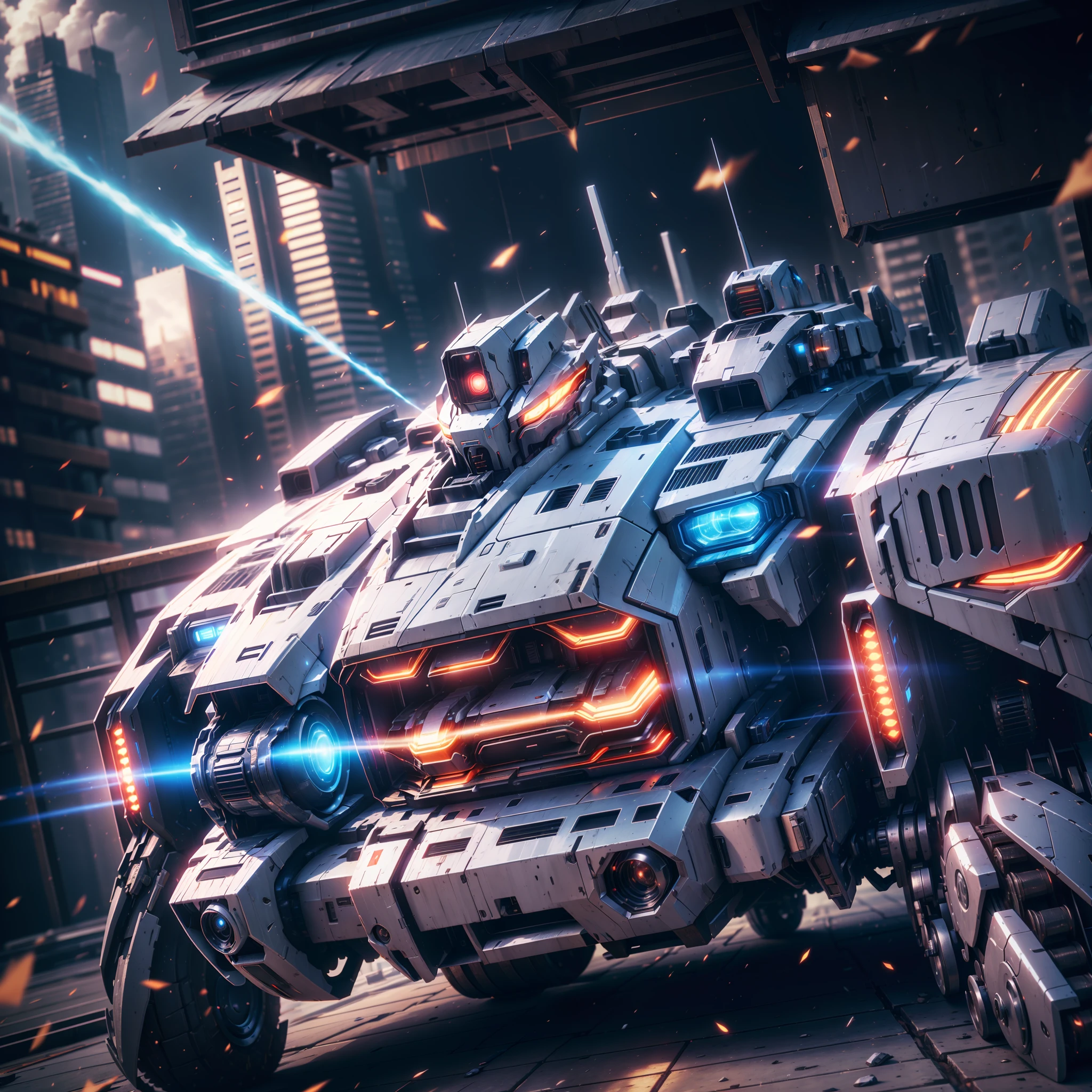 (A super mech sports car), laser energy cannon on the roof, facing the camera, tall buildings, energy cannon fire, tall and mighty, solid armor, futuristic technology, sharp lines, dynamic shapes, mechanical joints, armor plates, sensors, energy weapons, blazing energy, shining light, explosion effect, smoke and dust, tense atmosphere, (octane rendering: 1.4), best quality, (highly realistic), (super detail: 1.5), C4D rendering, cinematic quality