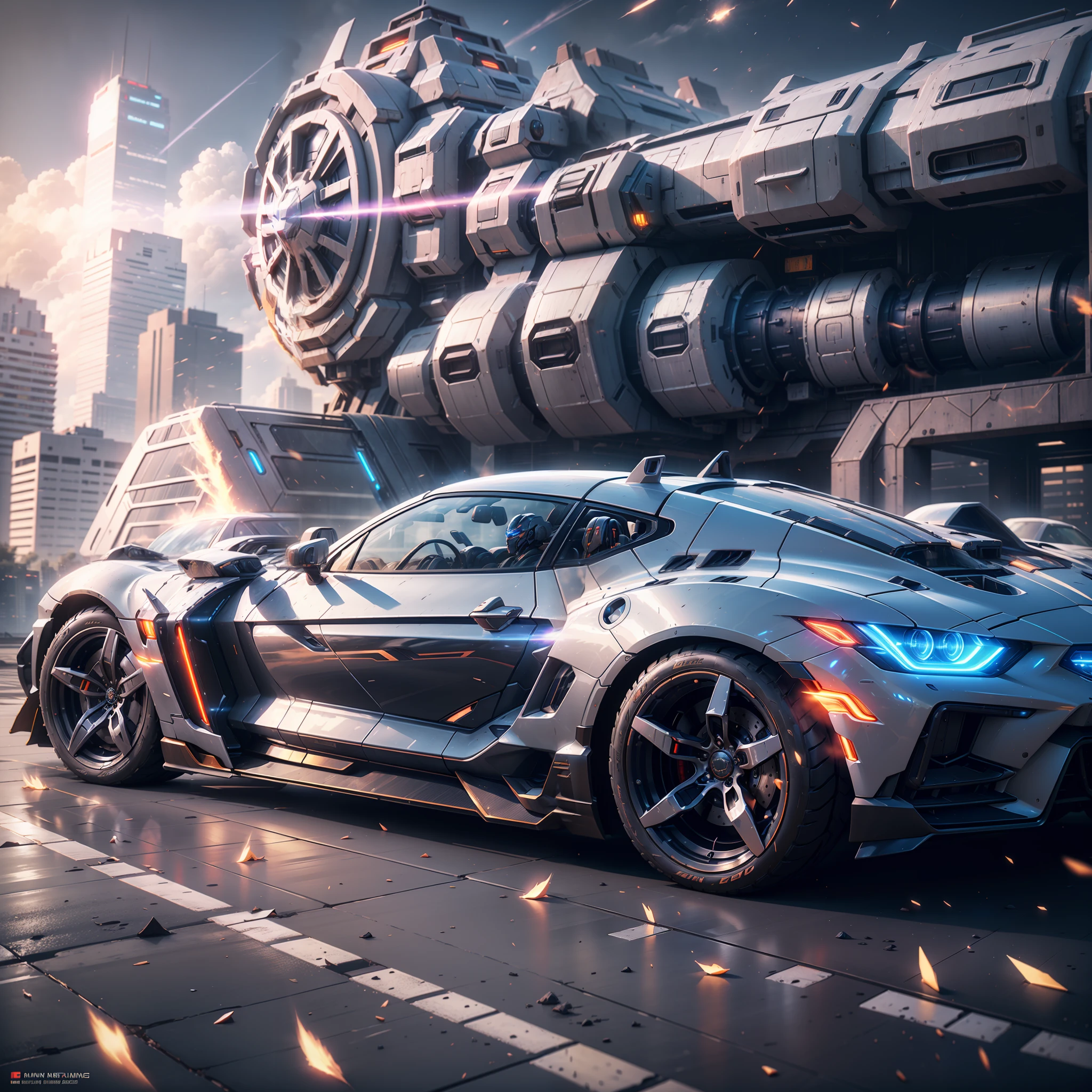 (A super mech sports car), laser energy cannon on the roof, facing the camera, tall buildings, energy cannon fire, tall and mighty, solid armor, futuristic technology, sharp lines, dynamic shapes, mechanical joints, armor plates, sensors, energy weapons, blazing energy, shining light, explosion effect, smoke and dust, tense atmosphere, (octane rendering: 1.4), best quality, (highly realistic), (super detail: 1.5), C4D rendering, cinematic quality